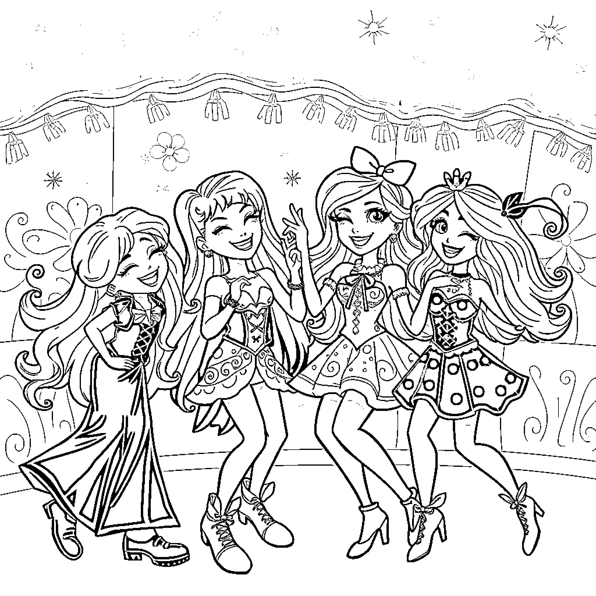 Lolirock: Friends Enjoying a Festive Celebration Coloring Page (free black-and-white line drawing printable PDF for all, from beginners to advanced learners, including children, teens, adults, and seniors)