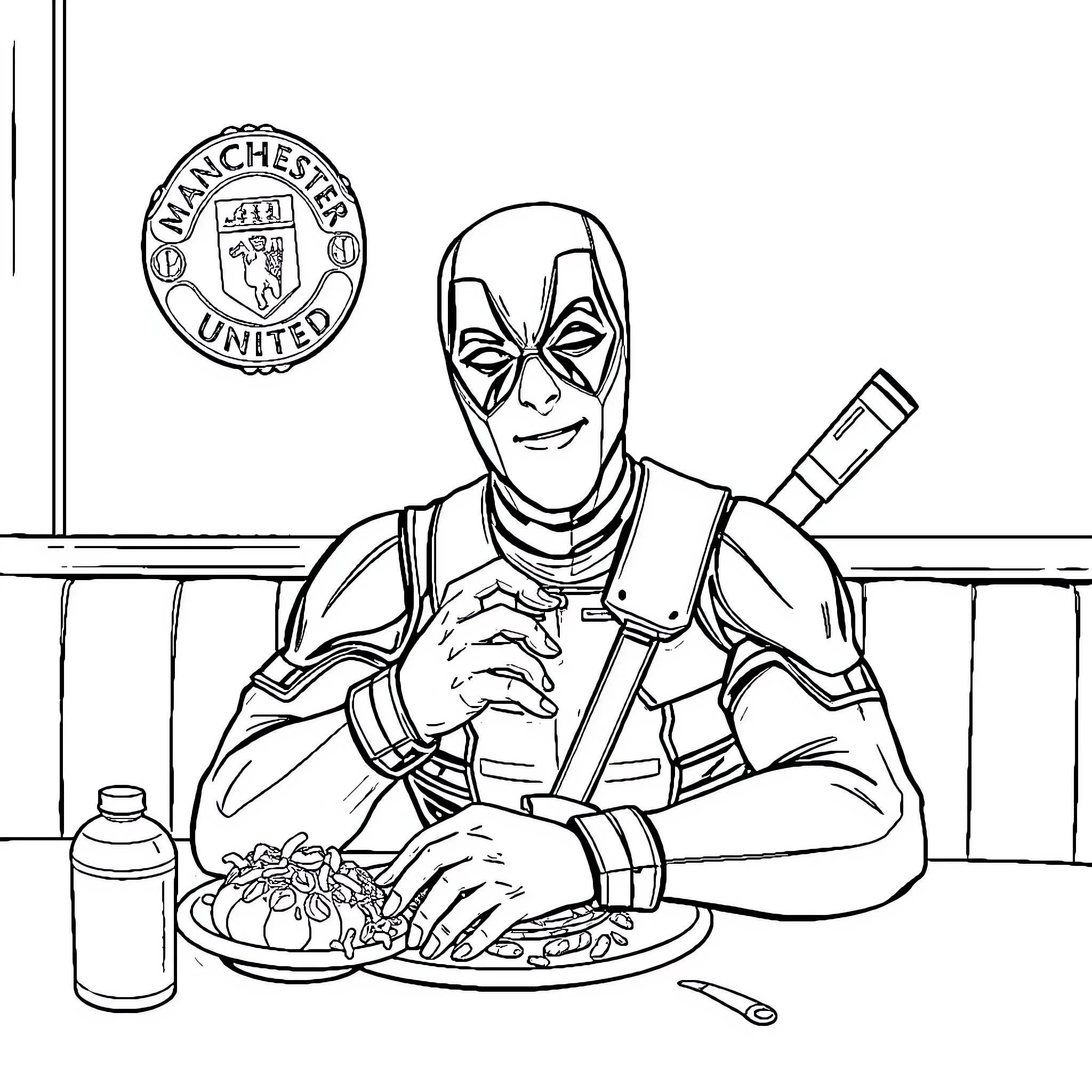 Deadpool Enjoying a Meal on the Manchester United Bench Coloring Page (free black-and-white line drawing printable PDF for all, from beginners to advanced learners, including children, teens, adults, and seniors)