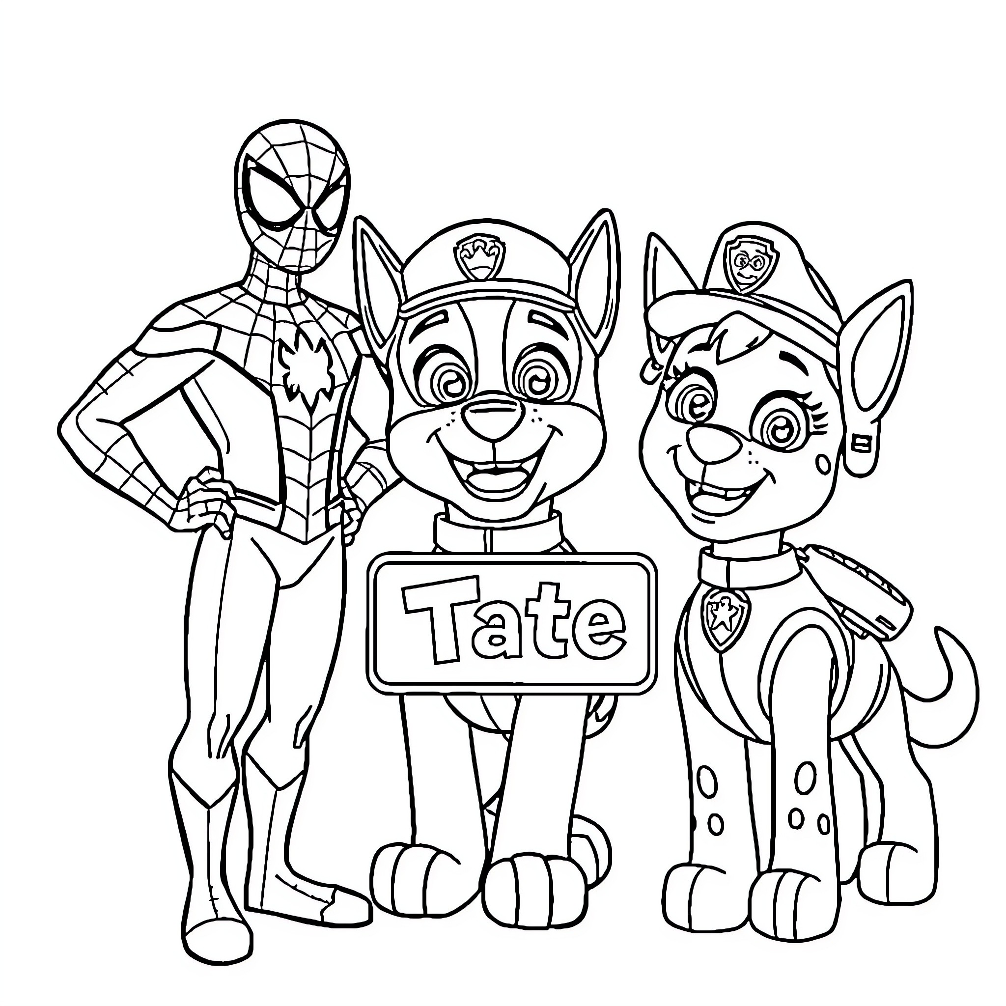 Spiderman and Paw Patrol puppies on an adventure Coloring Page (free black-and-white line drawing printable PDF for all, from beginners to advanced learners, including children, teens, adults, and seniors)