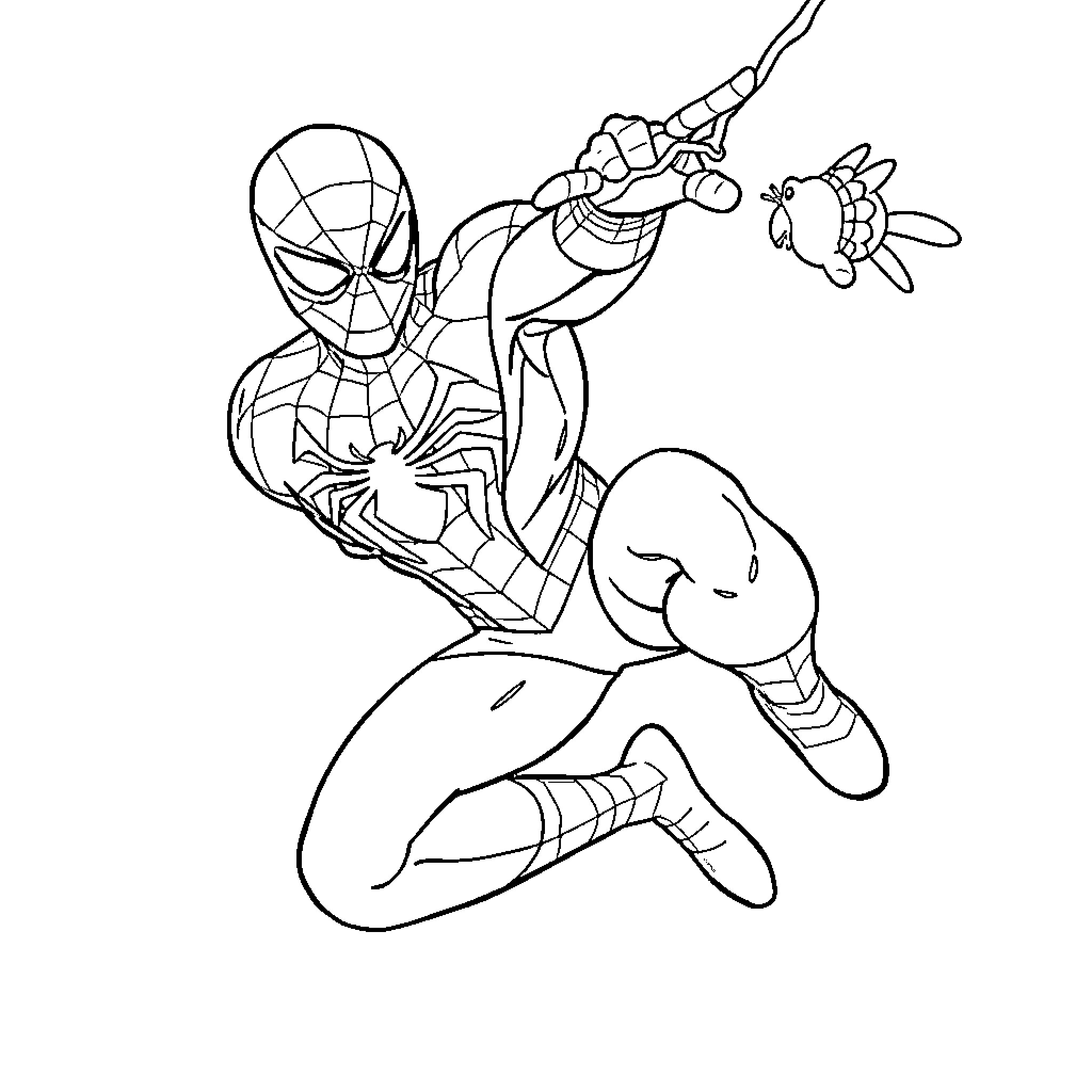 Spiderman swinging and battling adversaries Coloring Page (free black-and-white line drawing printable PDF for all, from beginners to advanced learners, including children, teens, adults, and seniors)