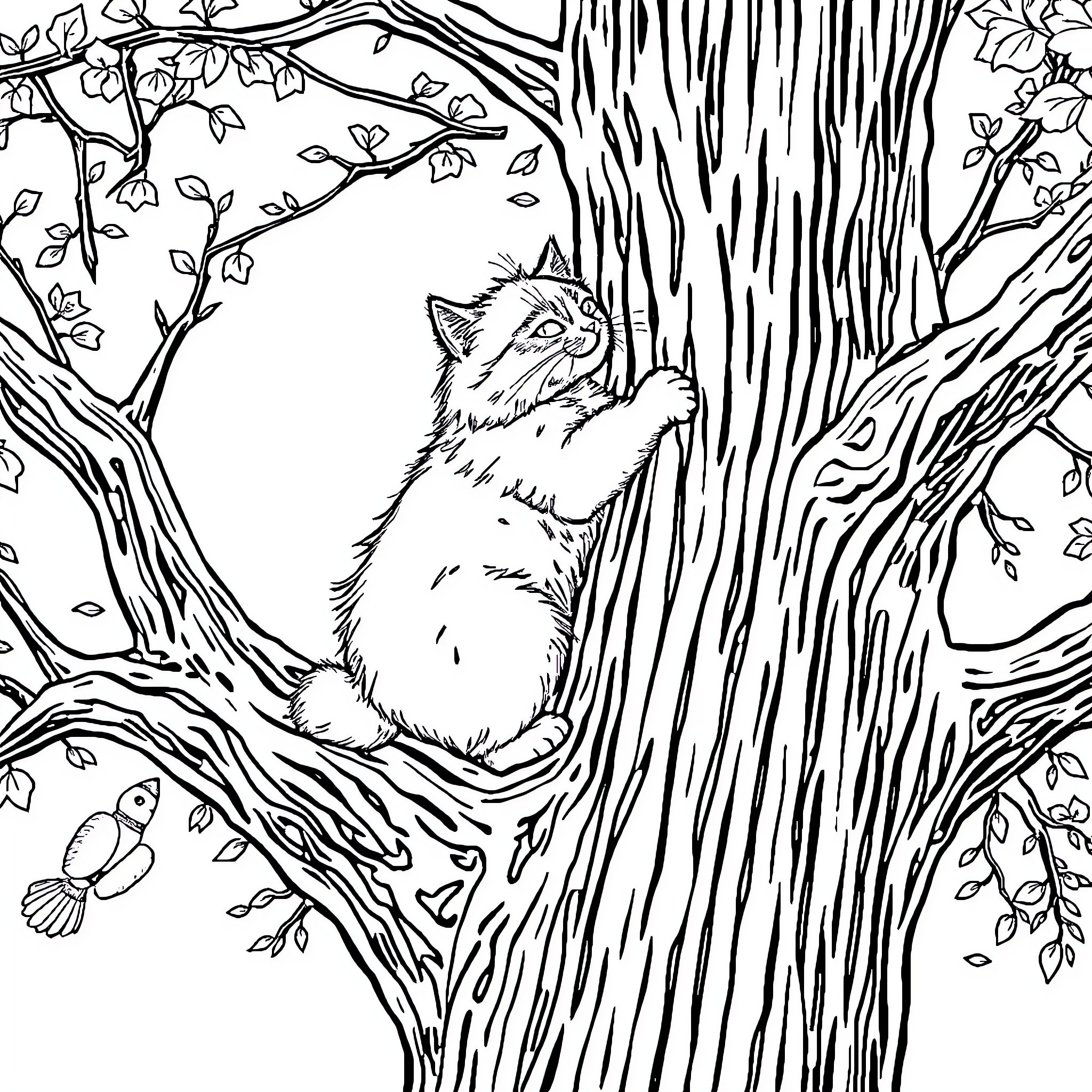 Cat exploring the forest Coloring Page (free black-and-white line drawing printable PDF for all, from beginners to advanced learners, including children, teens, adults, and seniors)