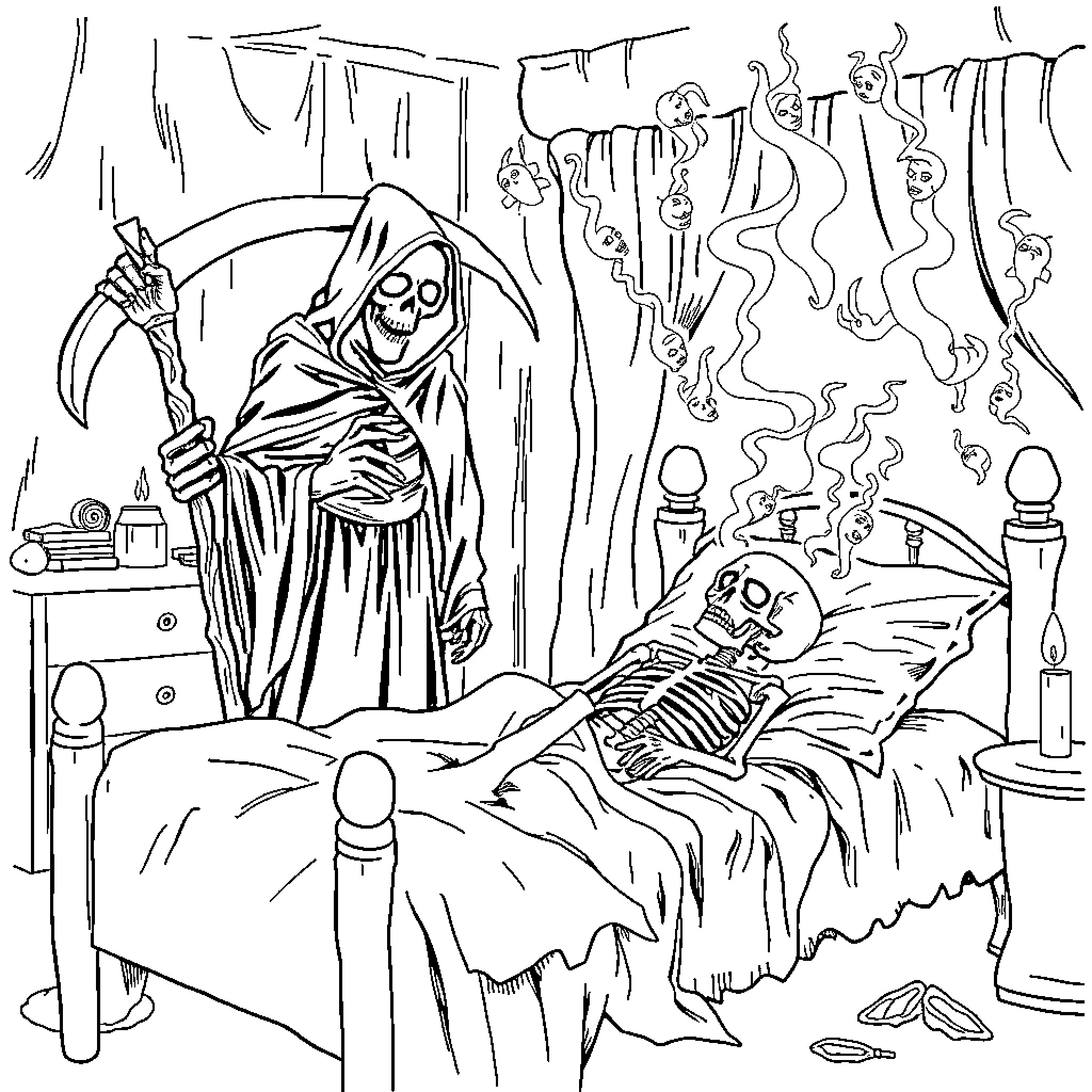 Grim Reaper's Nightmarish Visit to the Bedside Coloring Page (free black-and-white line drawing printable PDF for all, from beginners to advanced learners, including children, teens, adults, and seniors)