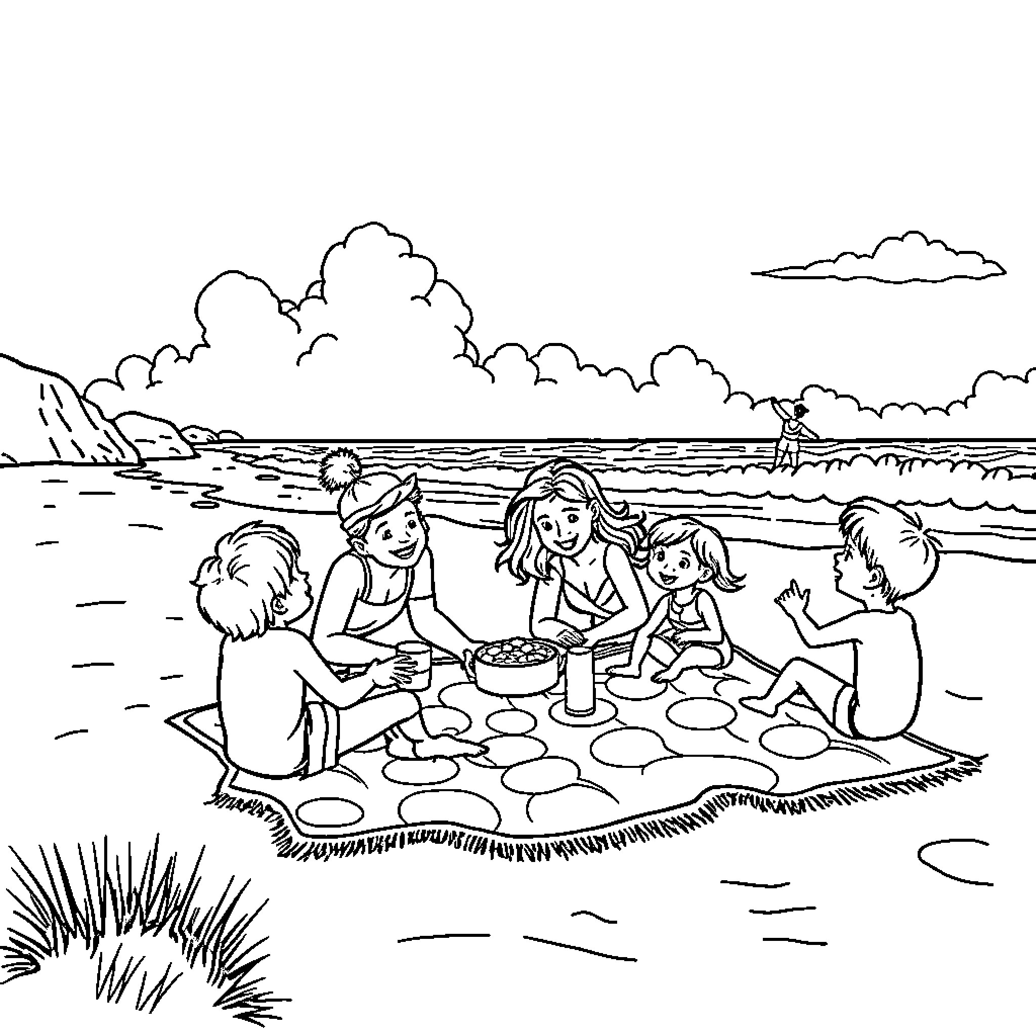 Family Enjoying Picnic by the Beach Coloring Page (free black-and-white line drawing printable PDF for all, from beginners to advanced learners, including children, teens, adults, and seniors)