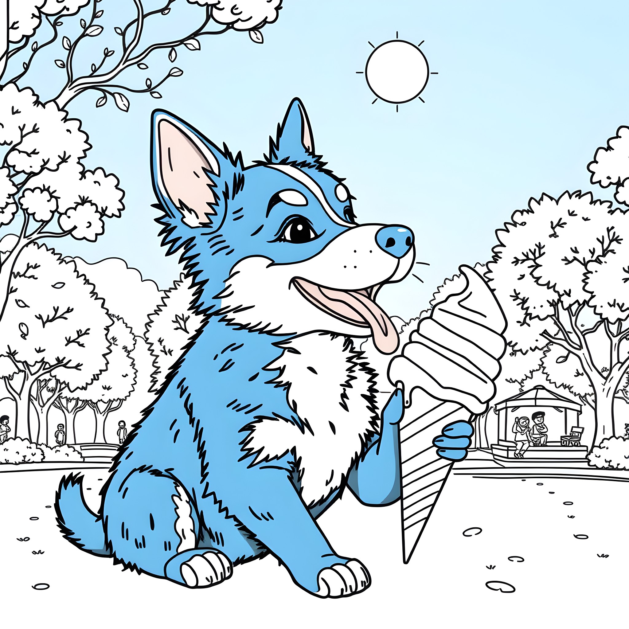 Bluey enjoying a sunny day in the park Coloring Page (free black-and-white line drawing printable PDF for all, from beginners to advanced learners, including children, teens, adults, and seniors)