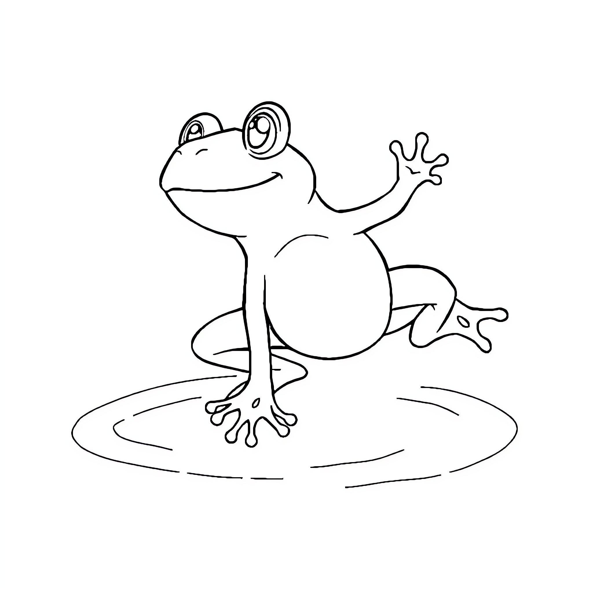Frog waving and sitting on lily pad Coloring Page (free black-and-white line drawing printable PDF for all, from beginners to advanced learners, including children, teens, adults, and seniors)