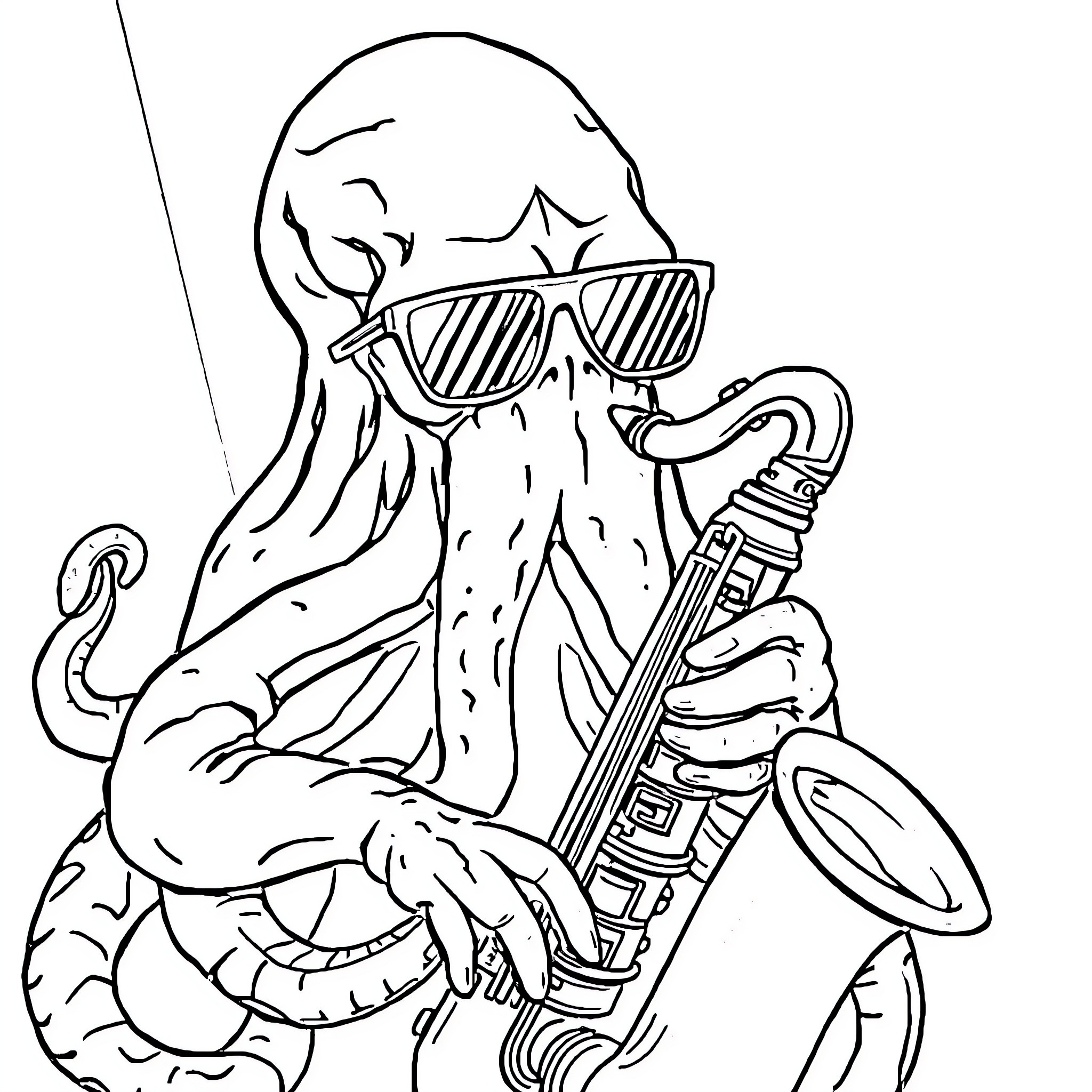 Cthulhu playing the saxophone in shades Coloring Page (free black-and-white line drawing printable PDF for all, from beginners to advanced learners, including children, teens, adults, and seniors)