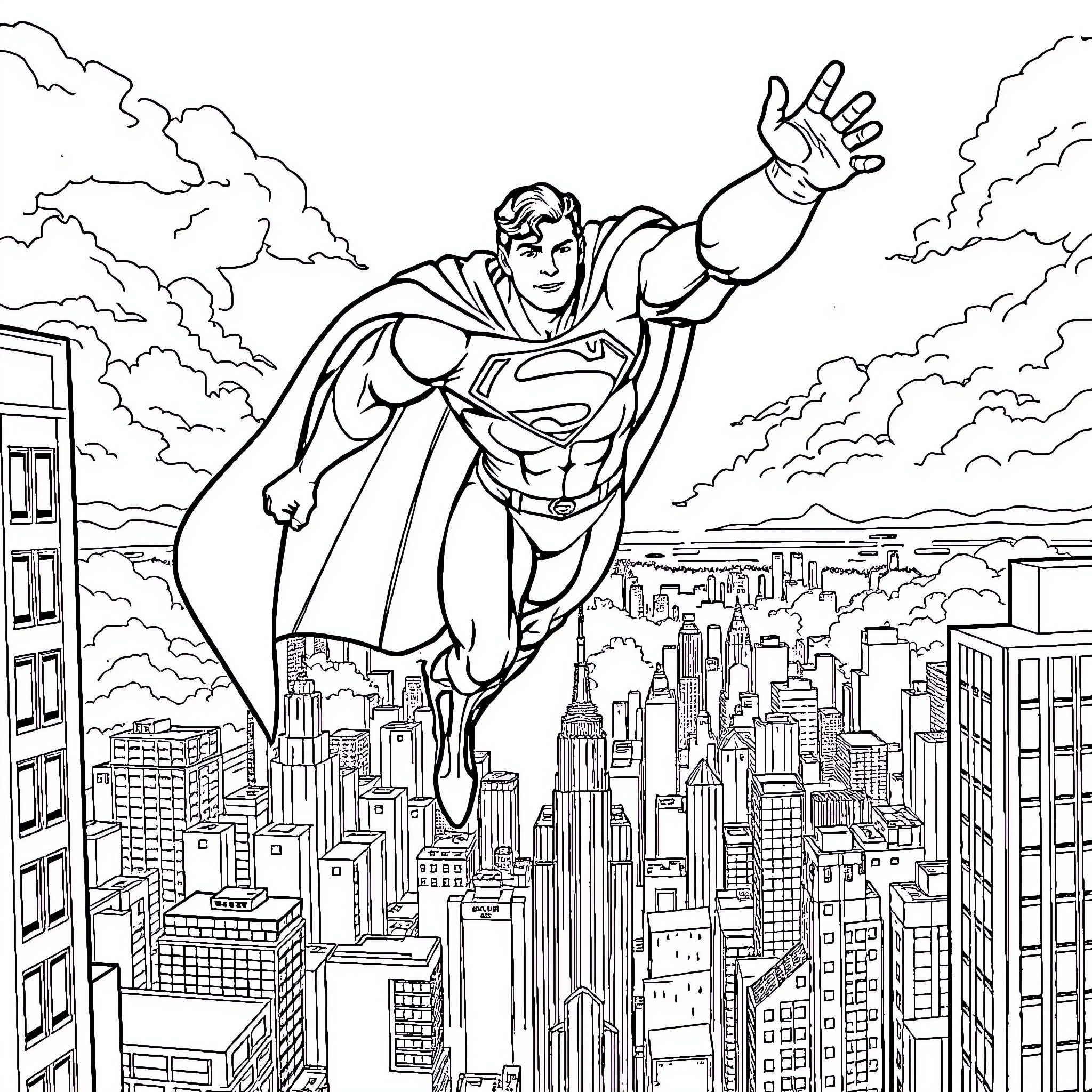 Superman soaring through the sky over a city Coloring Page (free black-and-white line drawing printable PDF for all, from beginners to advanced learners, including children, teens, adults, and seniors)