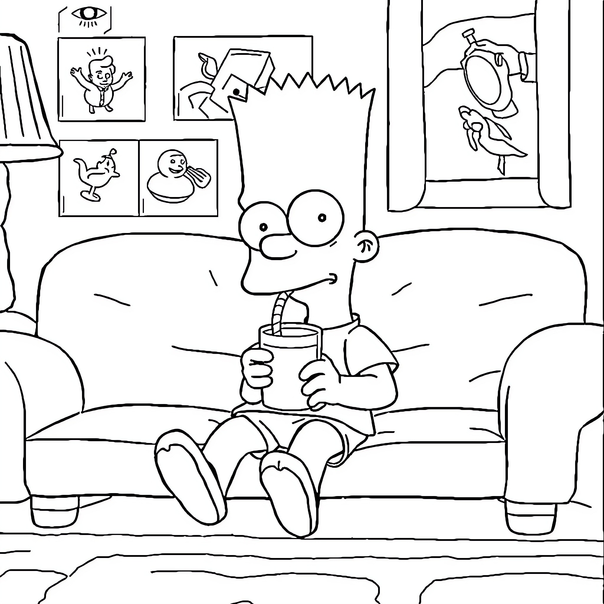Bart Simpson relaxing on the couch with his favorite snack Coloring Page (free black-and-white line drawing printable PDF for all, from beginners to advanced learners, including children, teens, adults, and seniors)