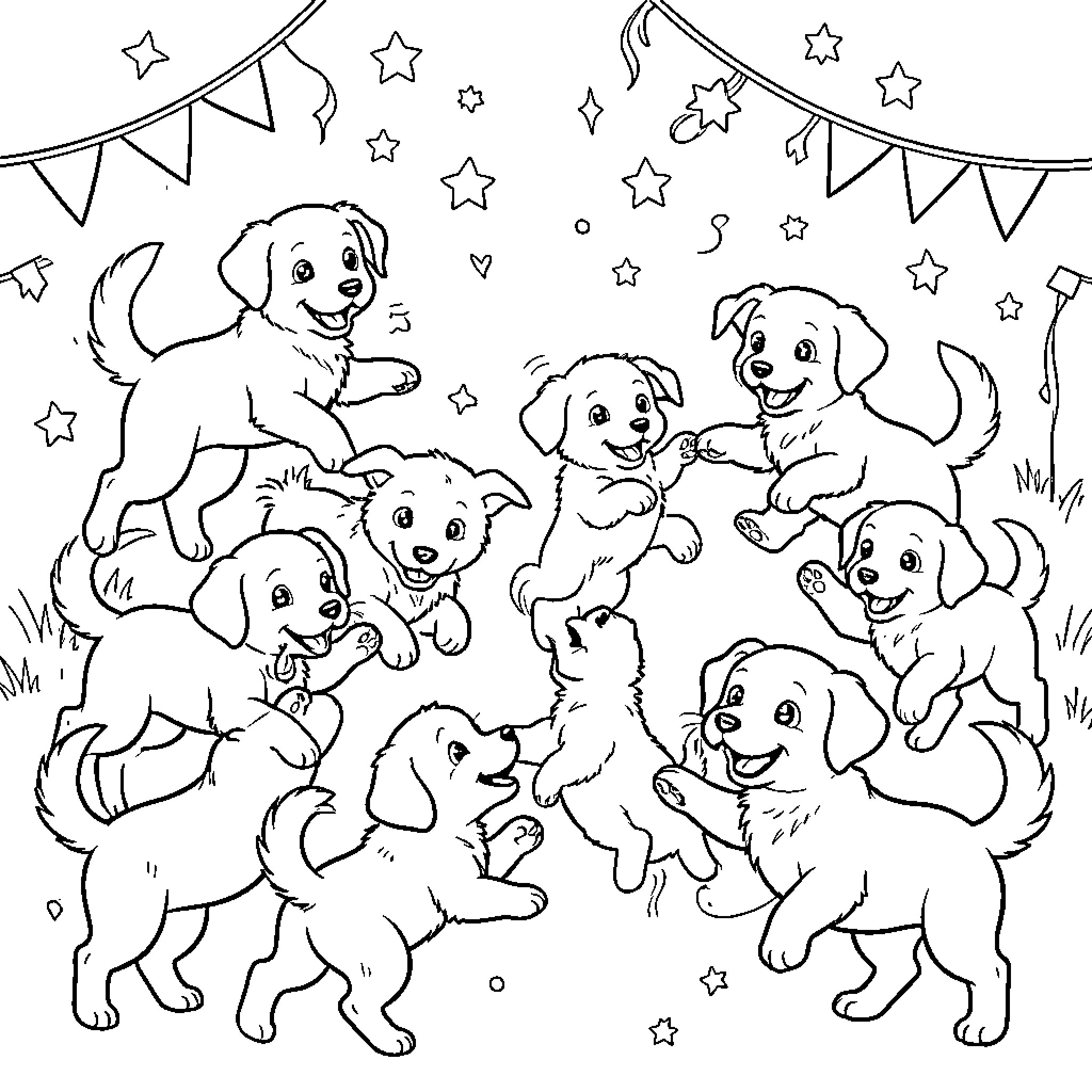 Puppy group celebrating joyfully under festive bunting Coloring Page (free black-and-white line drawing printable PDF for all, from beginners to advanced learners, including children, teens, adults, and seniors)