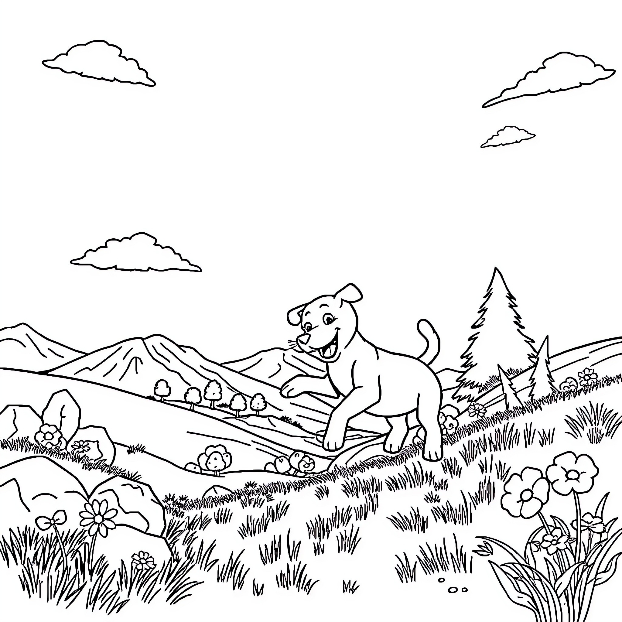 Dandy dog frolicking in the wilderness Coloring Page (free black-and-white line drawing printable PDF for all, from beginners to advanced learners, including children, teens, adults, and seniors)