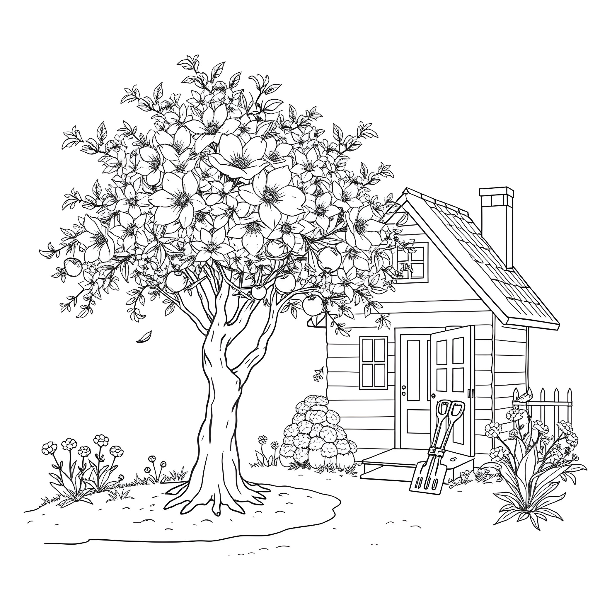 Blossom tree and cozy cottage in the garden Coloring Page (free black-and-white line drawing printable PDF for all, from beginners to advanced learners, including children, teens, adults, and seniors)