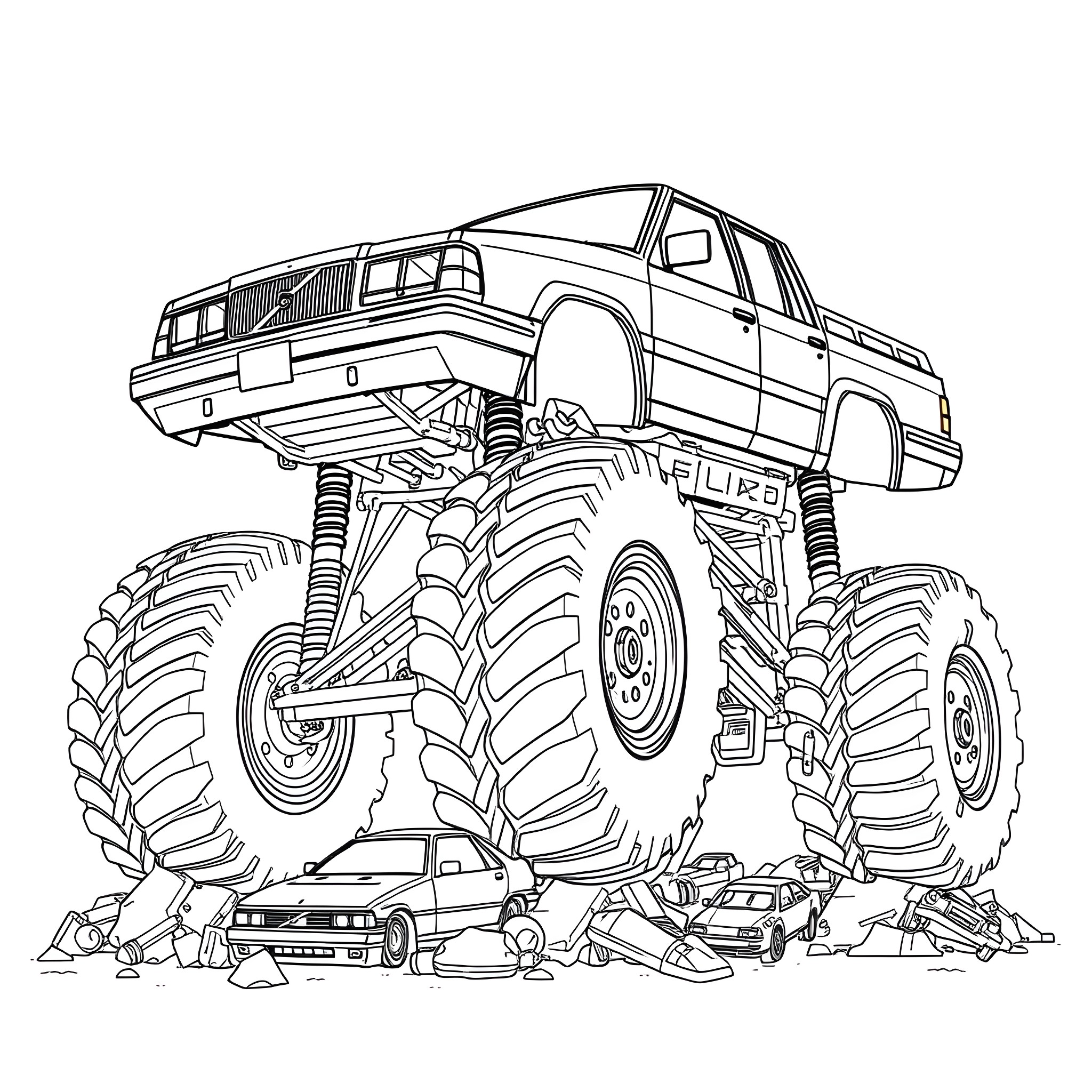 Volvo Monster Truck Crushing Cars Coloring Page (free black-and-white line drawing printable PDF for all, from beginners to advanced learners, including children, teens, adults, and seniors)