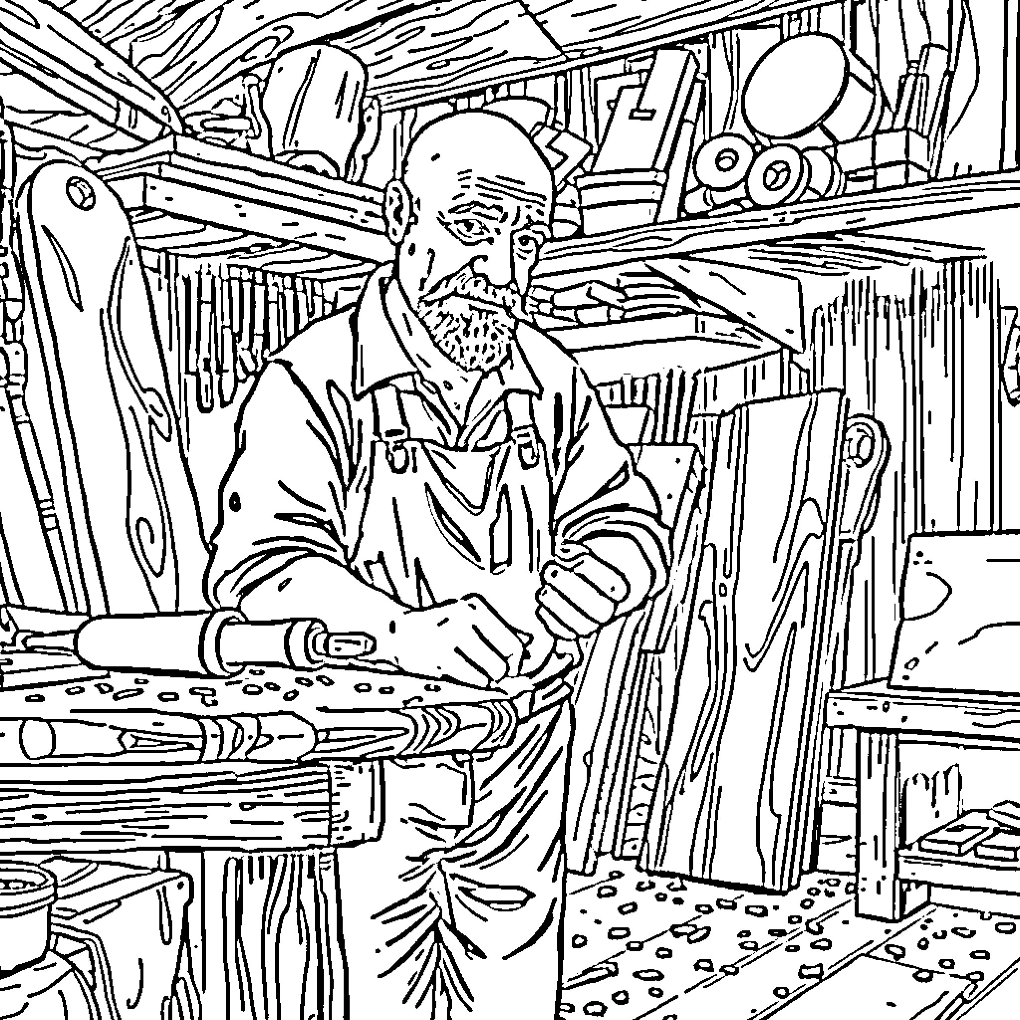 Man working diligently in his workshop Coloring Page (free black-and-white line drawing printable PDF for all, from beginners to advanced learners, including children, teens, adults, and seniors)