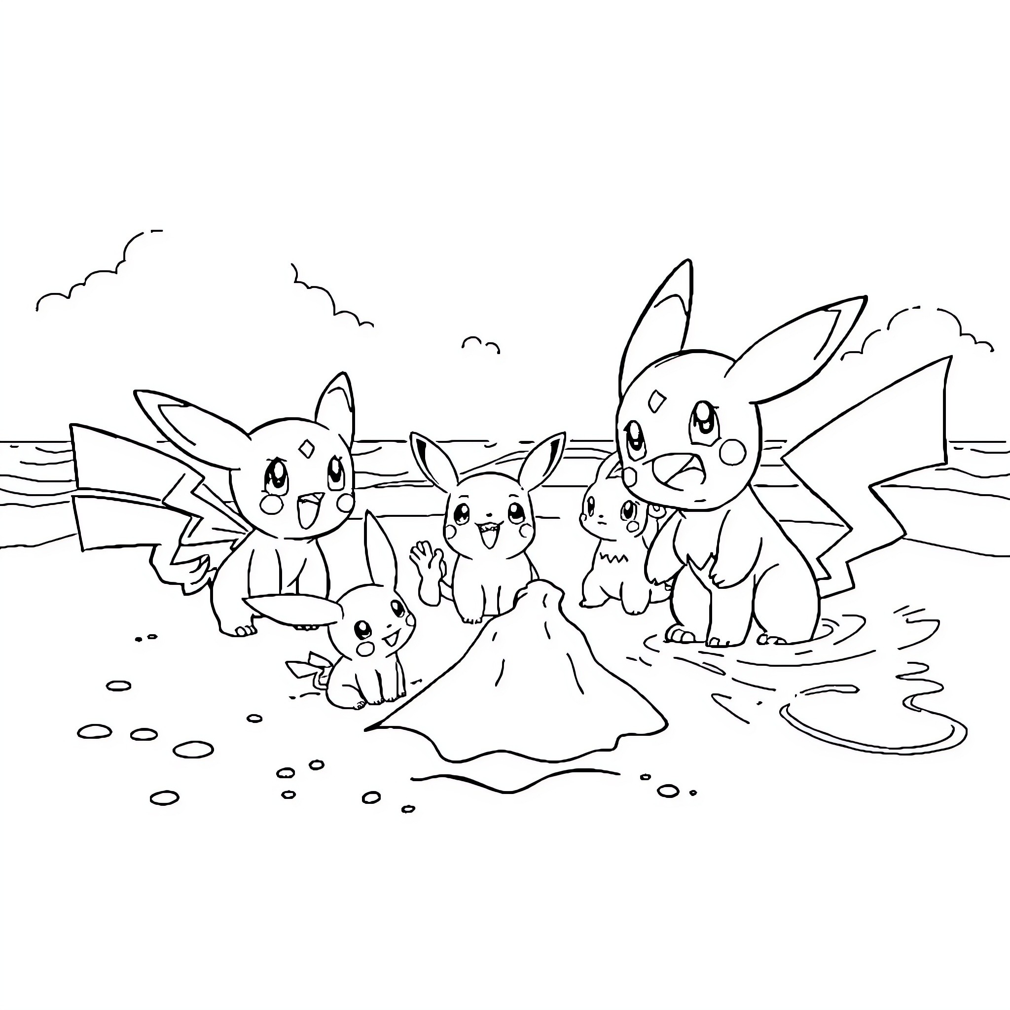 Bluey and Friends' Playful Adventure Coloring Page (free black-and-white line drawing printable PDF for all, from beginners to advanced learners, including children, teens, adults, and seniors)