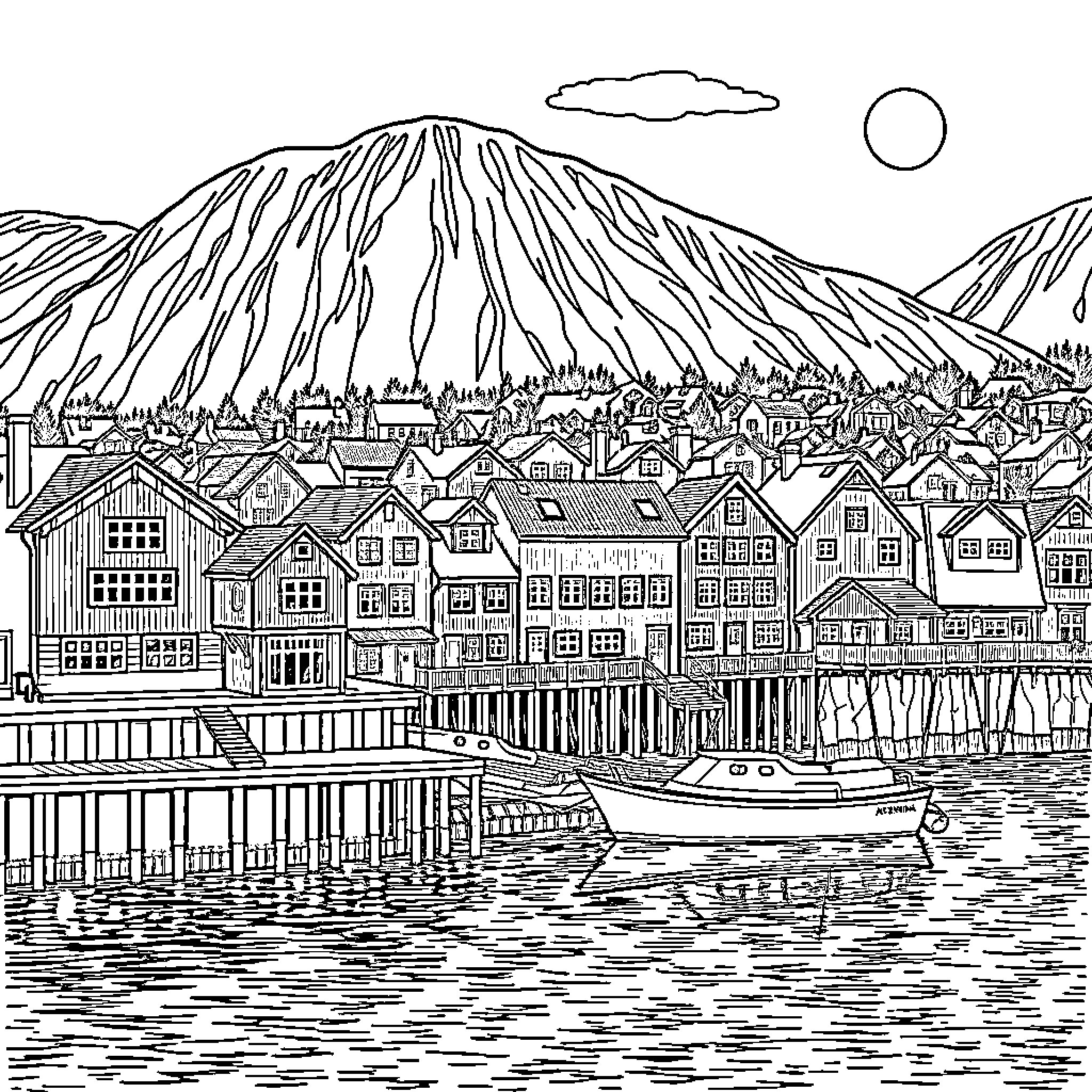 Arendal's Scenic Coastal Town with Mountainous Backdrop Coloring Page (free black-and-white line drawing printable PDF for all, from beginners to advanced learners, including children, teens, adults, and seniors)