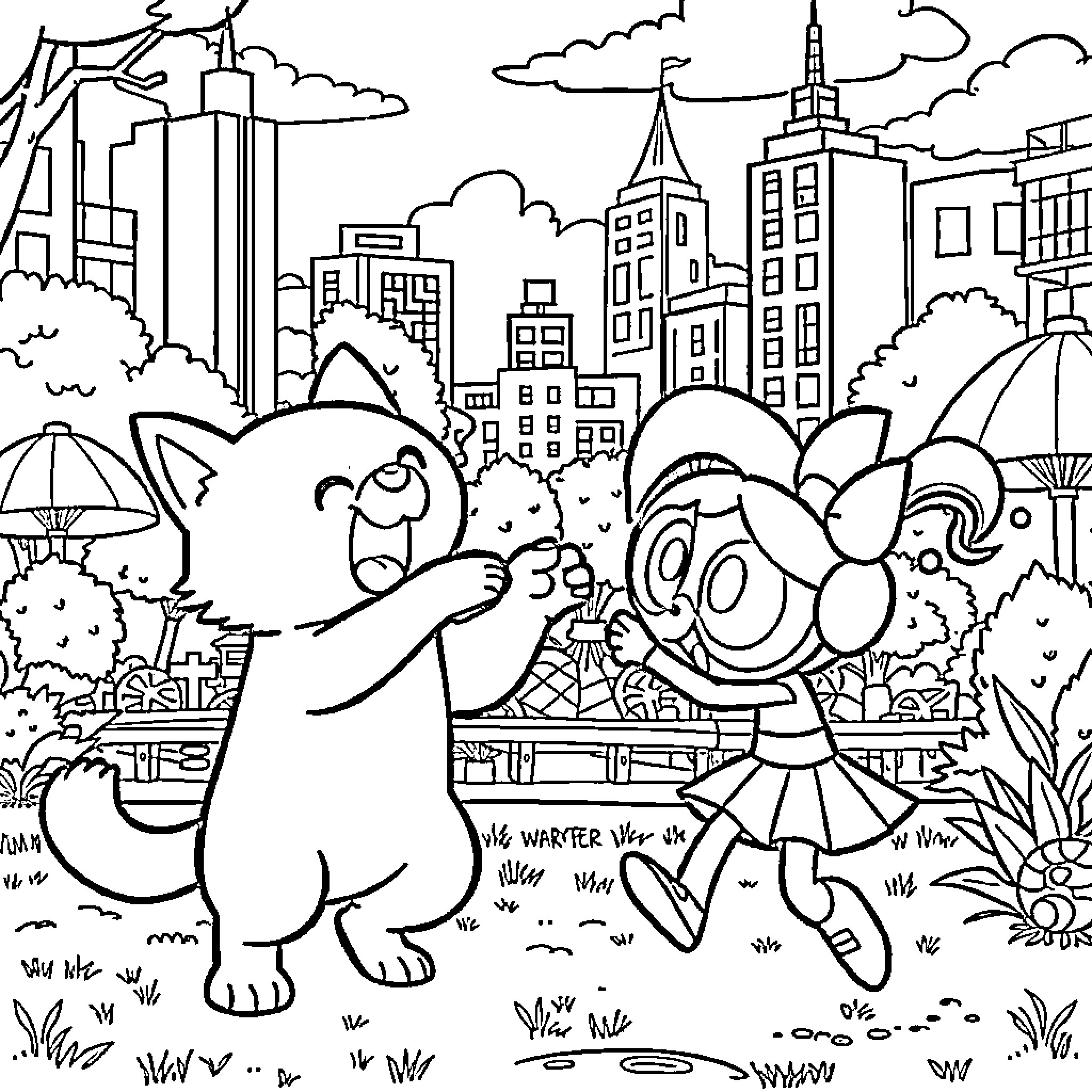 Catdog playing together in the city park Coloring Page (free black-and-white line drawing printable PDF for all, from beginners to advanced learners, including children, teens, adults, and seniors)