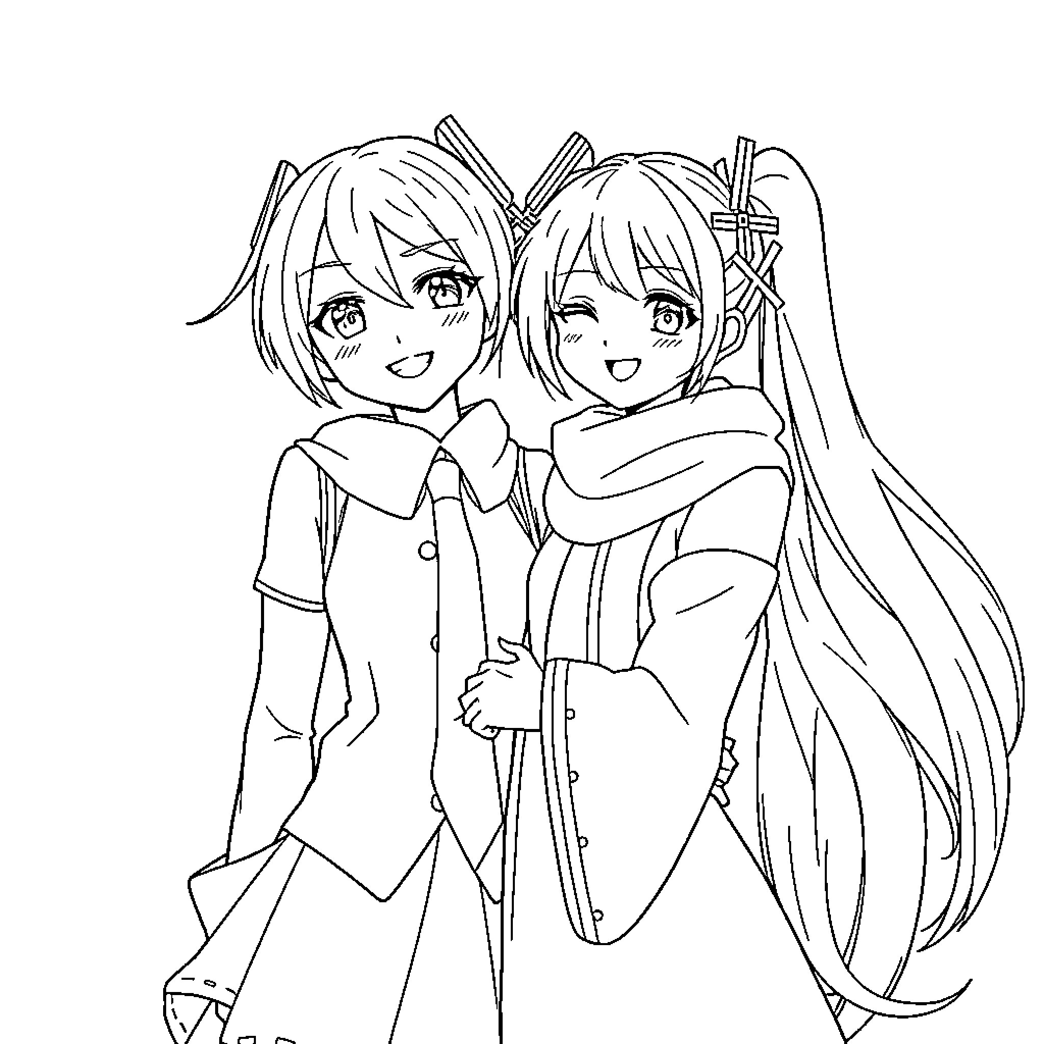 Hatsune Miku and Friend Embracing Happily Coloring Page (free black-and-white line drawing printable PDF for all, from beginners to advanced learners, including children, teens, adults, and seniors)