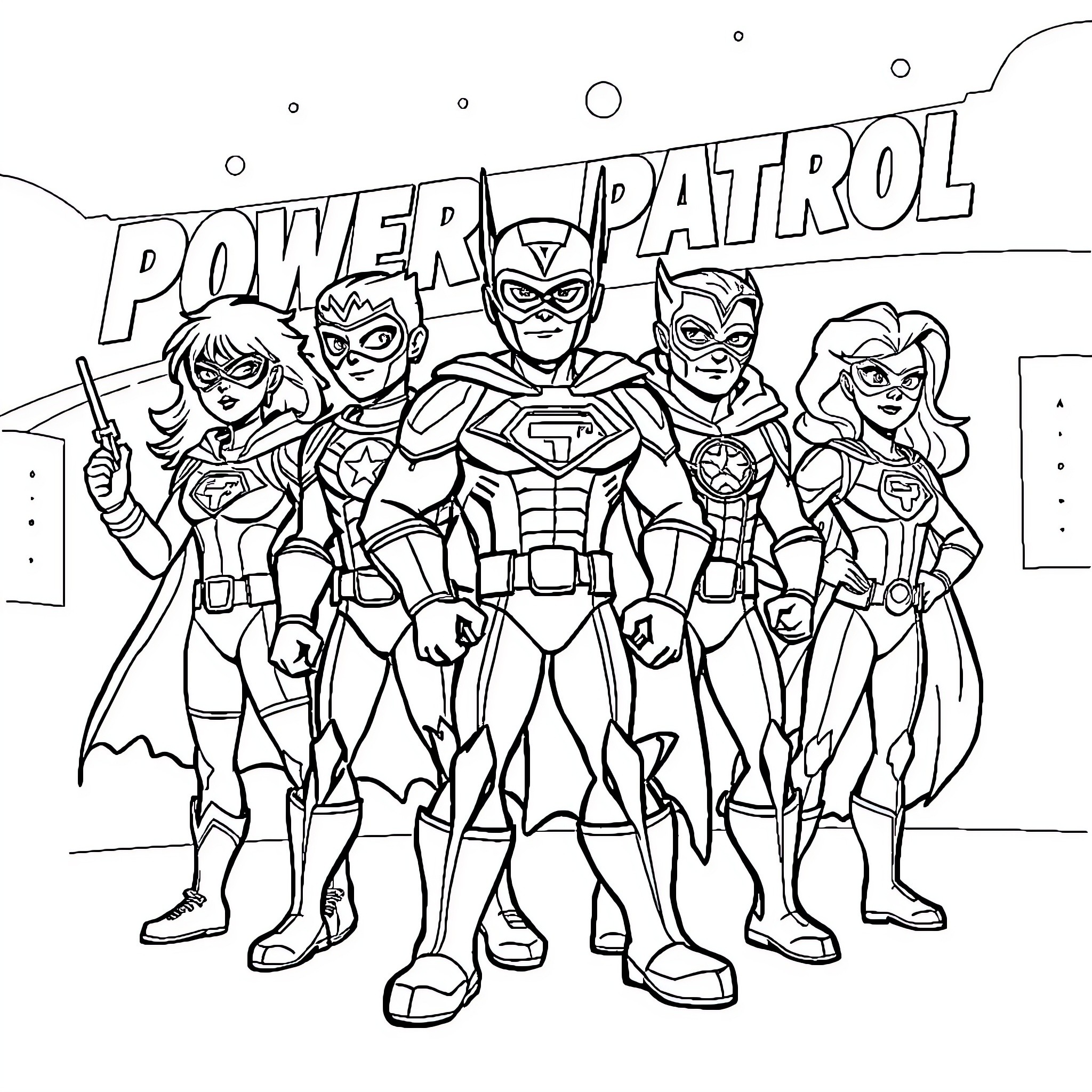 Paw Patrol Superheroes Assemble for Action Coloring Page (free black-and-white line drawing printable PDF for all, from beginners to advanced learners, including children, teens, adults, and seniors)
