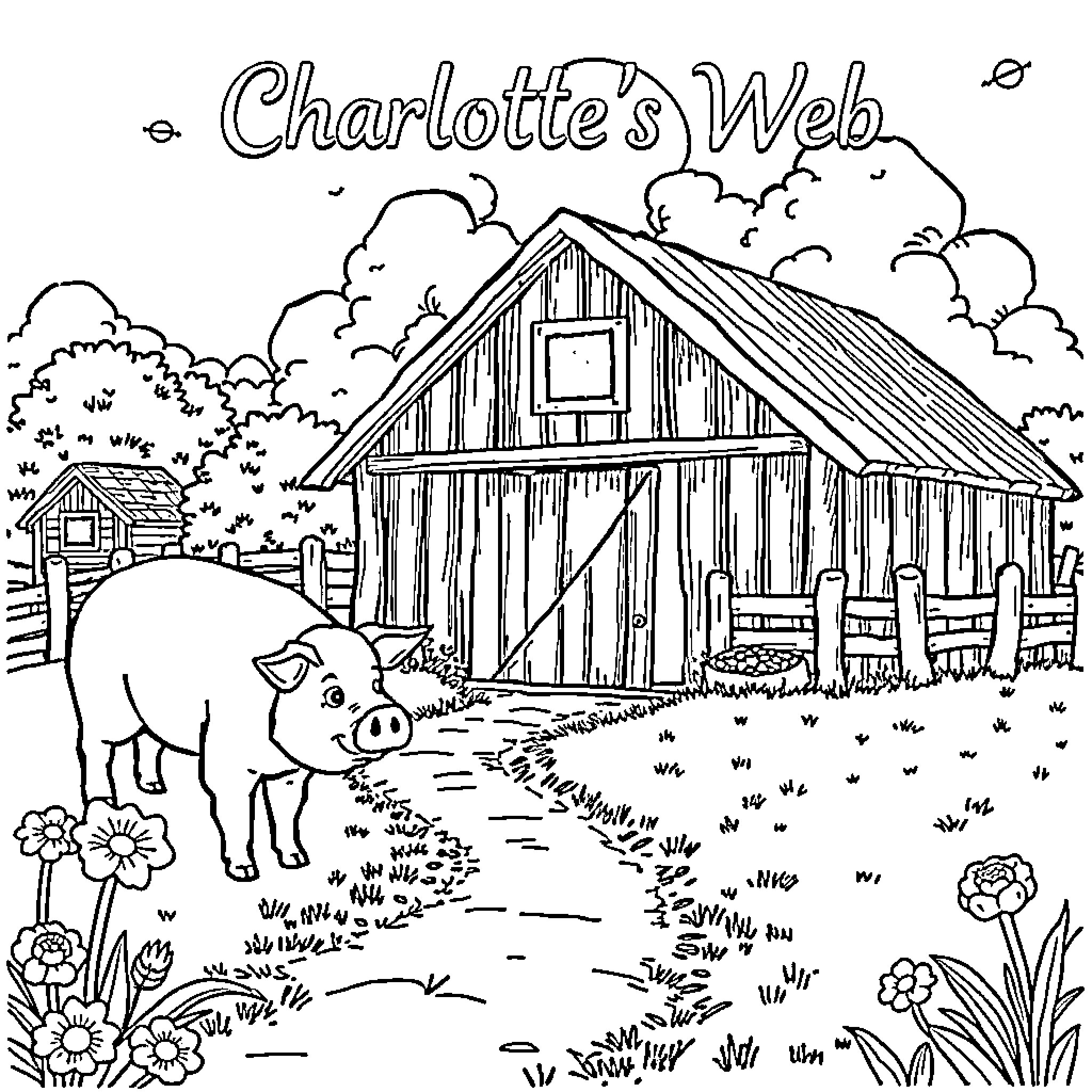 Charlotte's Farmyard Scenery Coloring Page (free black-and-white line drawing printable PDF for all, from beginners to advanced learners, including children, teens, adults, and seniors)