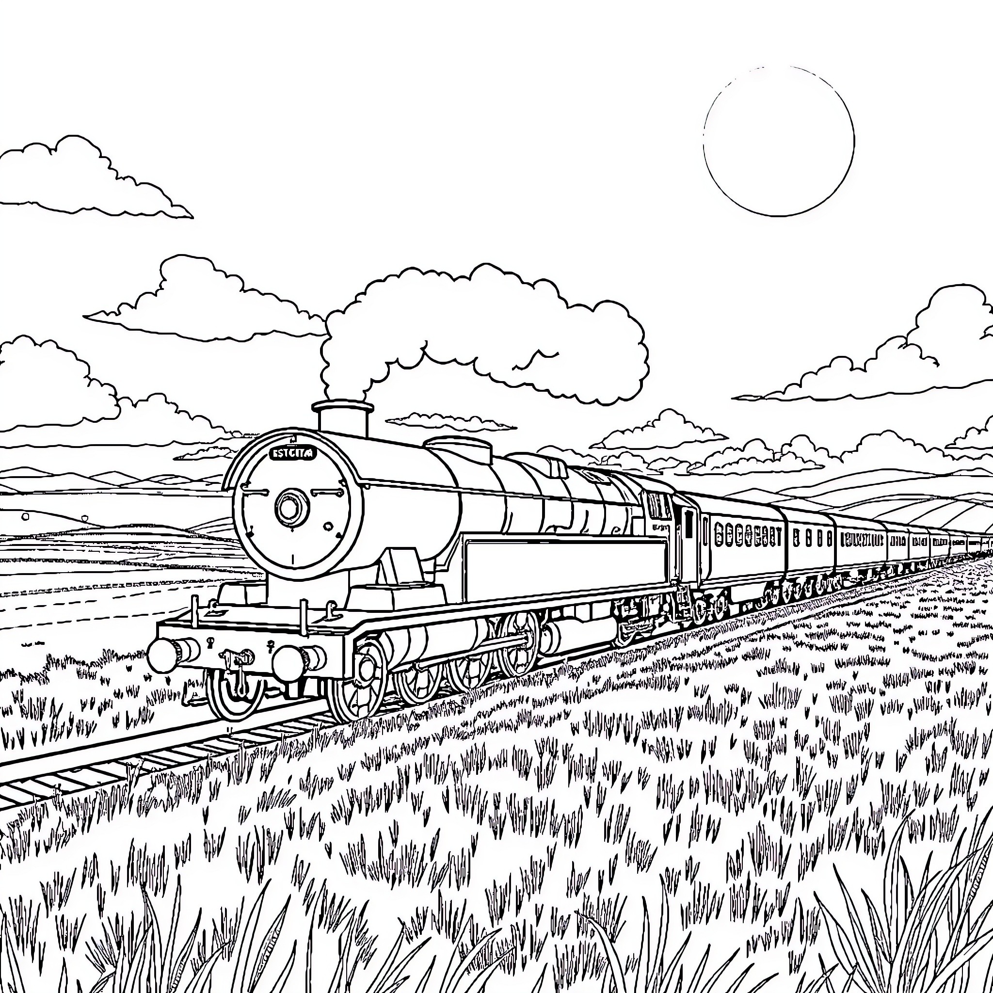 Train traversing through a scenic countryside landscape Coloring Page (free black-and-white line drawing printable PDF for all, from beginners to advanced learners, including children, teens, adults, and seniors)