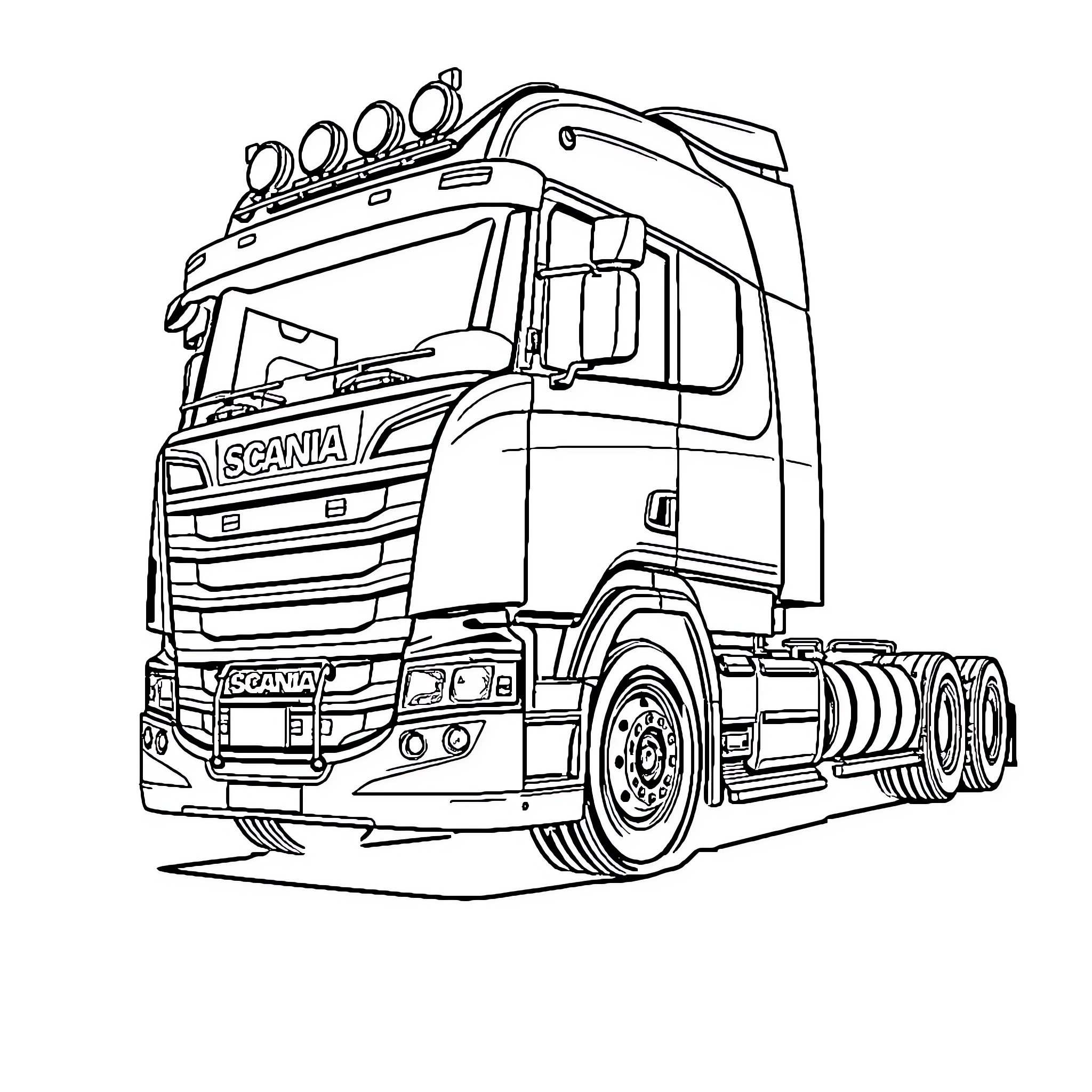 Scania heavy-duty truck in detailed outline Coloring Page (free black-and-white line drawing printable PDF for all, from beginners to advanced learners, including children, teens, adults, and seniors)