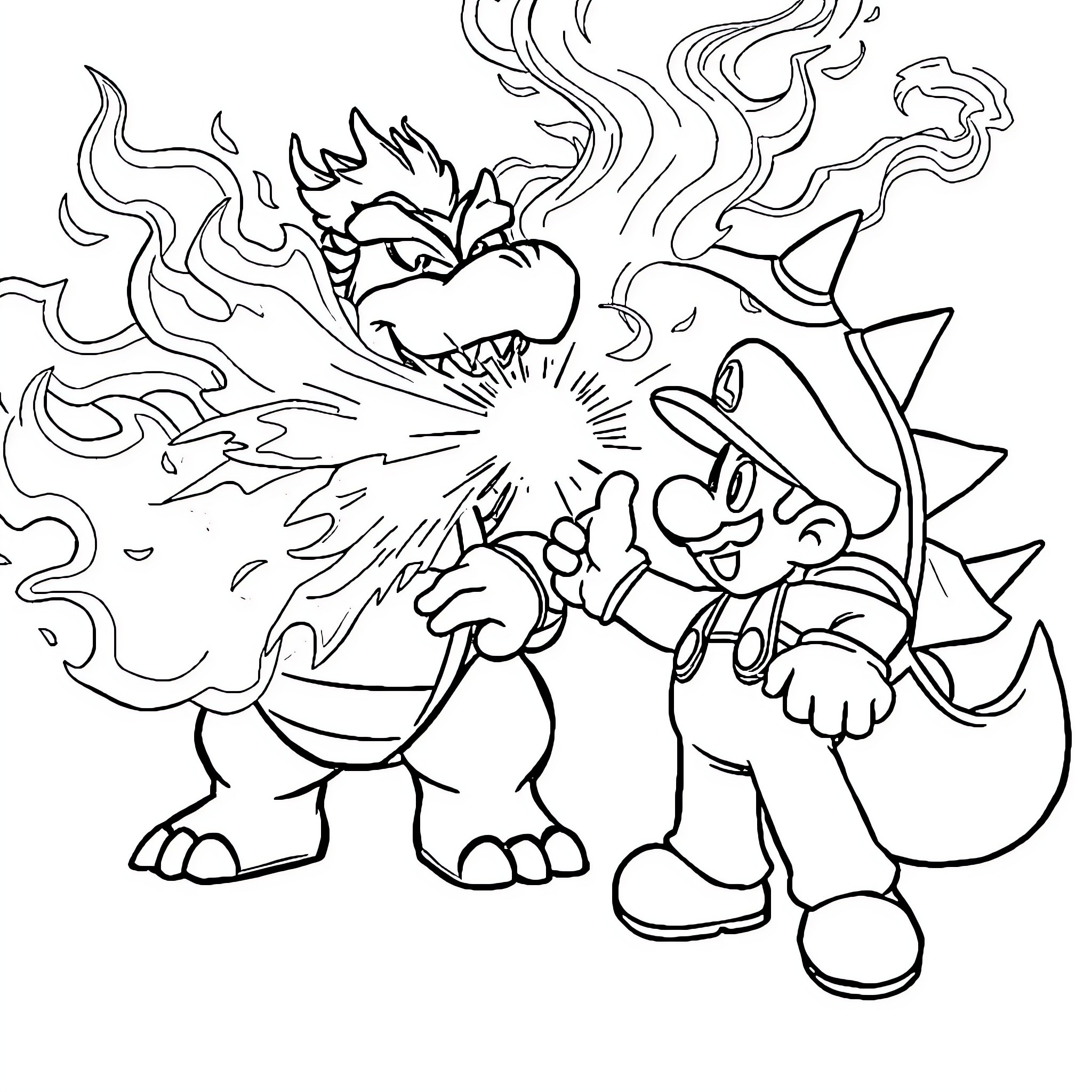 Bowser breathing fire while stomping angrily Coloring Page (free black-and-white line drawing printable PDF for all, from beginners to advanced learners, including children, teens, adults, and seniors)