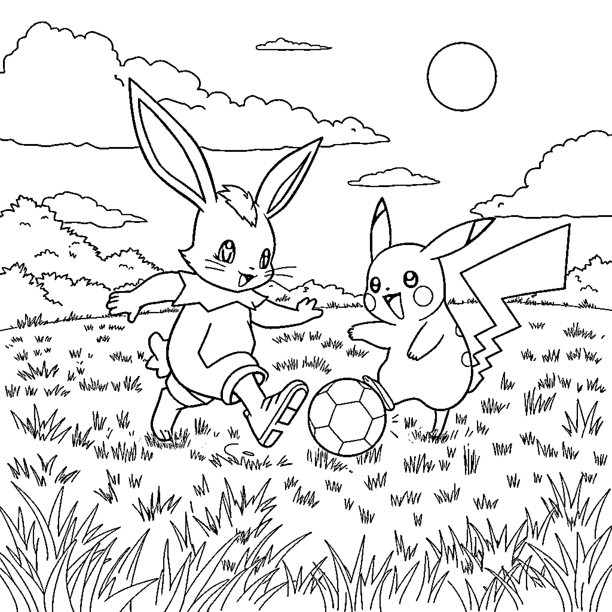 Scorbunny and Pikachu playing together in a grassy field Coloring Page (free black-and-white line drawing printable PDF for all, from beginners to advanced learners, including children, teens, adults, and seniors)