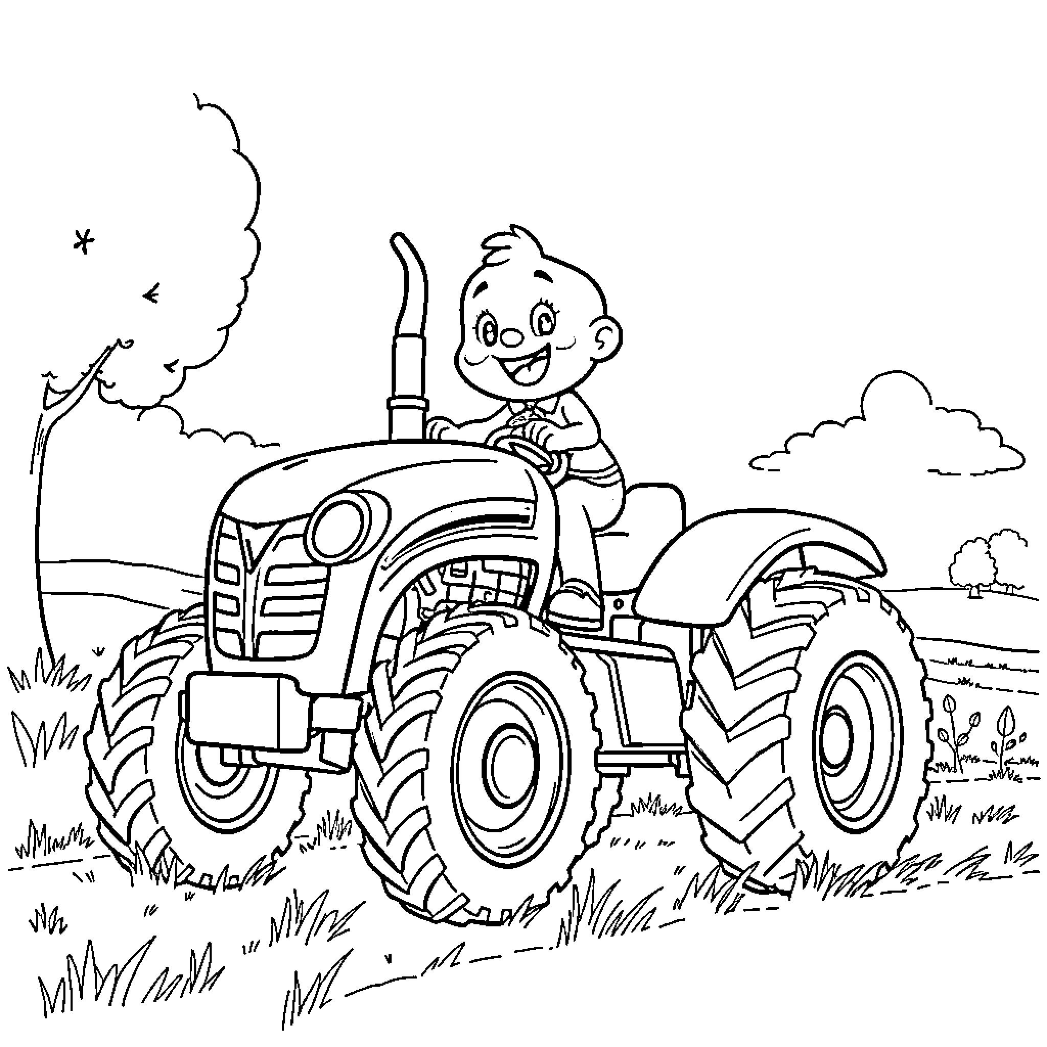 Bluey riding a colorful tractor in the countryside Coloring Page (free black-and-white line drawing printable PDF for all, from beginners to advanced learners, including children, teens, adults, and seniors)