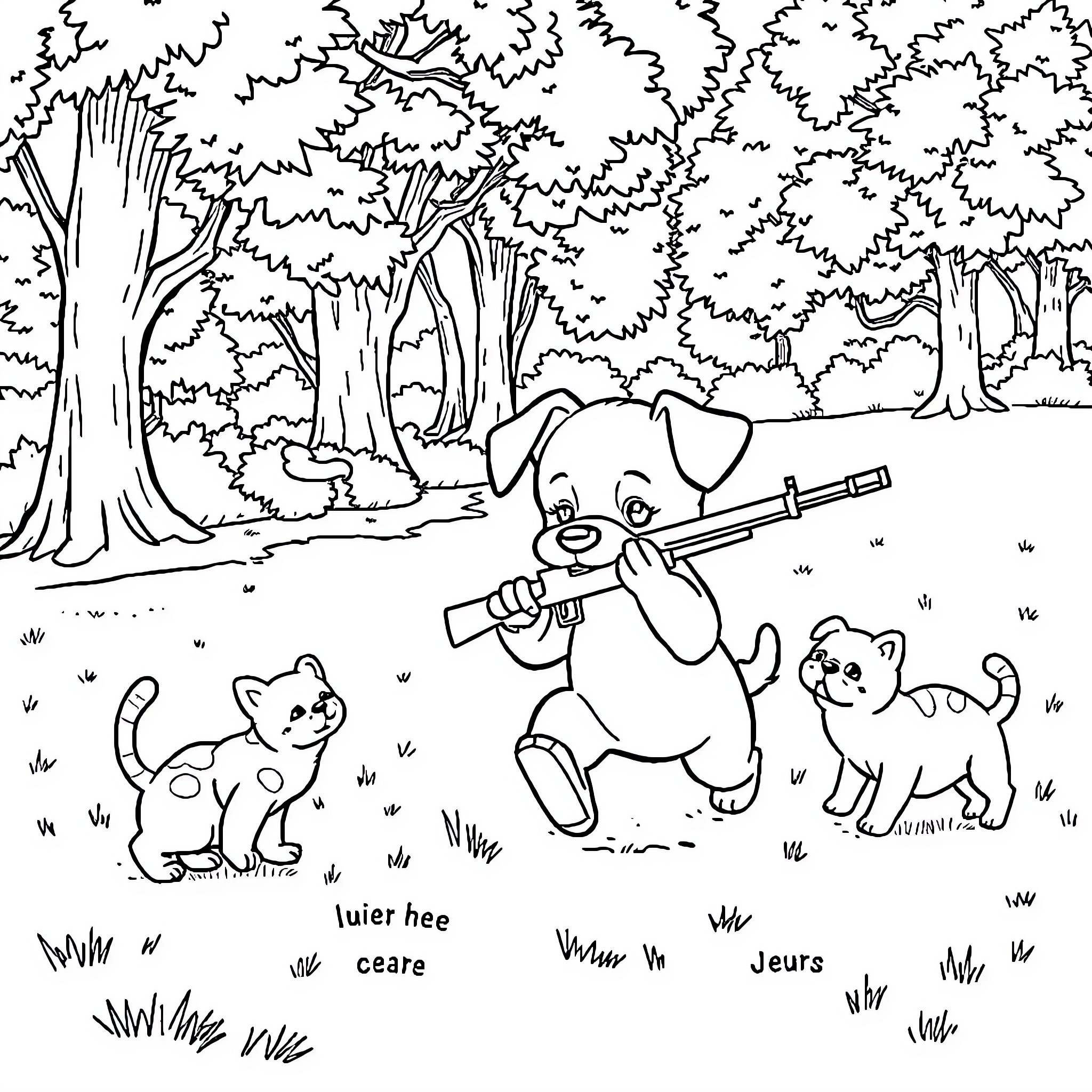 Puppy playing with kittens in the forest Coloring Page (free black-and-white line drawing printable PDF for all, from beginners to advanced learners, including children, teens, adults, and seniors)