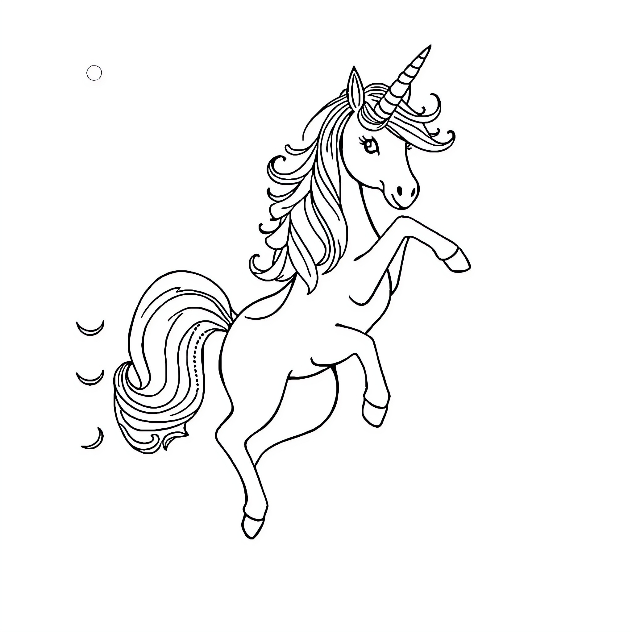 Licorne leaping gracefully across the night sky Coloring Page (free black-and-white line drawing printable PDF for all, from beginners to advanced learners, including children, teens, adults, and seniors)