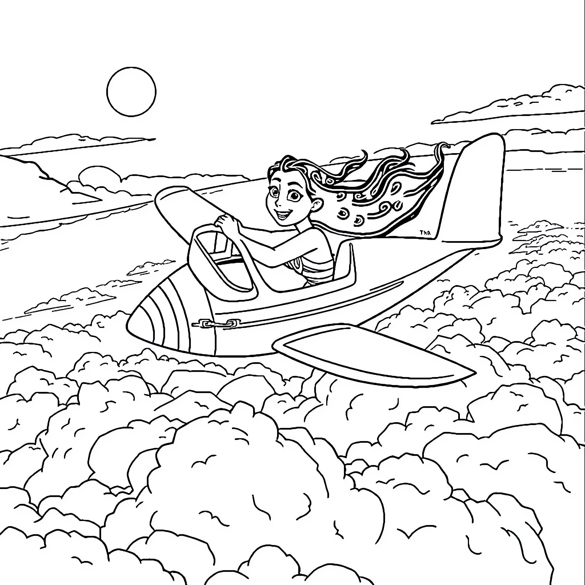 Moana flying high in her magical vessel Coloring Page (free black-and-white line drawing printable PDF for all, from beginners to advanced learners, including children, teens, adults, and seniors)