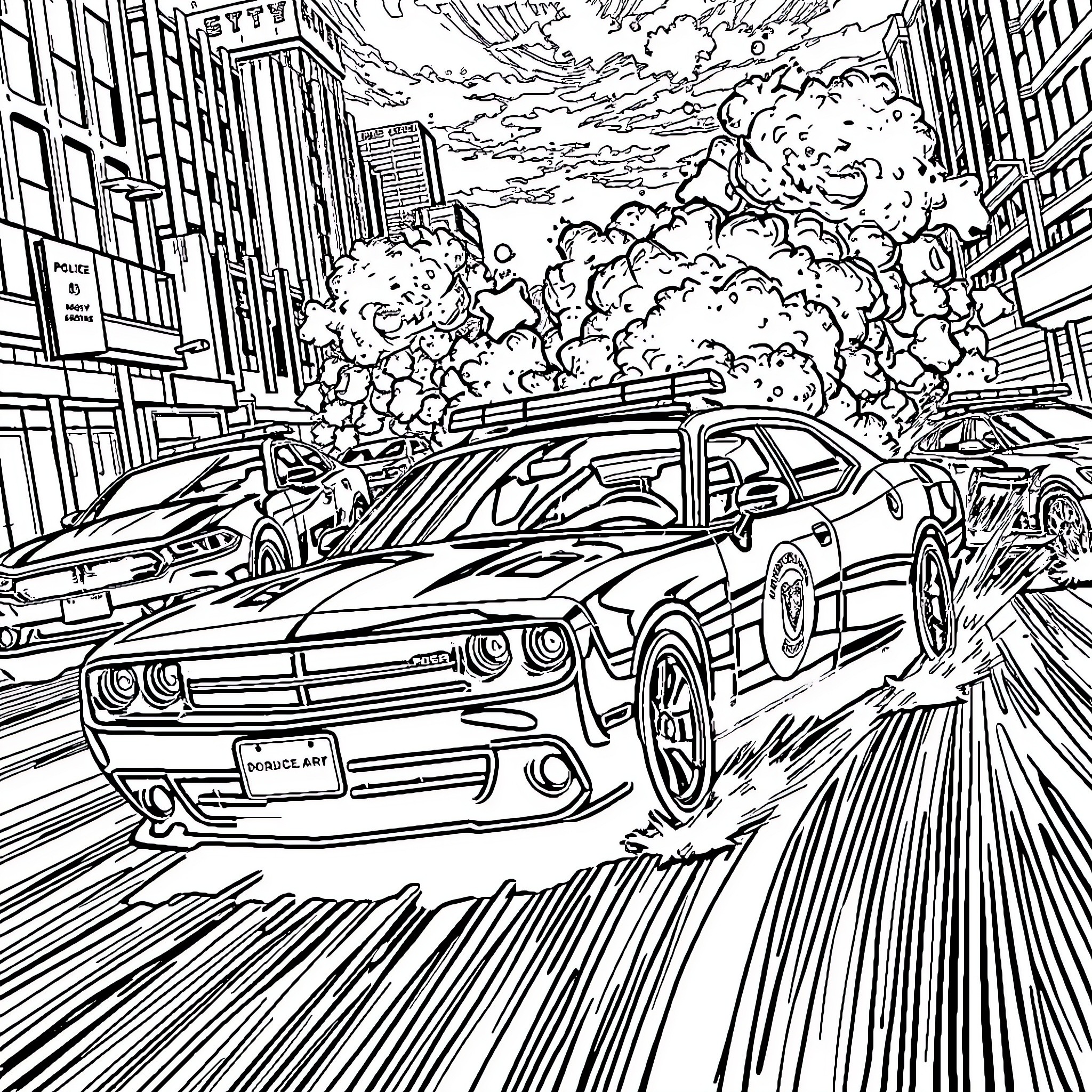 Police Car Chasing Suspect in High-Speed Pursuit Coloring Page (free black-and-white line drawing printable PDF for all, from beginners to advanced learners, including children, teens, adults, and seniors)