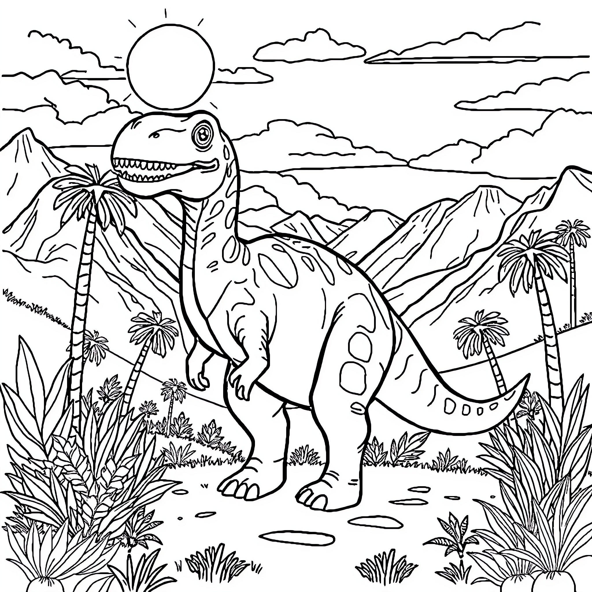 Dinosaur in Lush Prehistoric Landscape Coloring Page (free black-and-white line drawing printable PDF for all, from beginners to advanced learners, including children, teens, adults, and seniors)