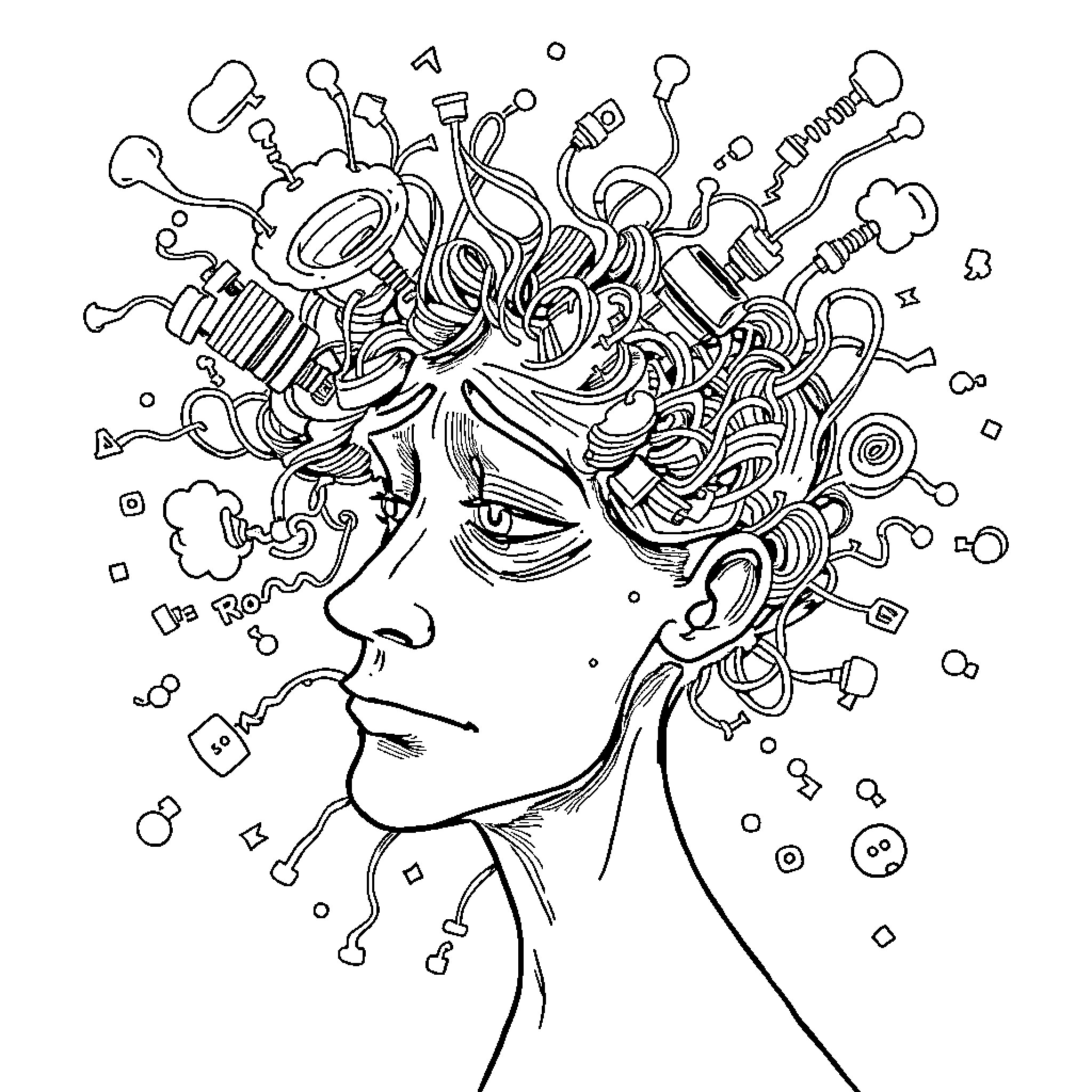 Brainrot: Surreal Artistic Expression Coloring Page (free black-and-white line drawing printable PDF for all, from beginners to advanced learners, including children, teens, adults, and seniors)