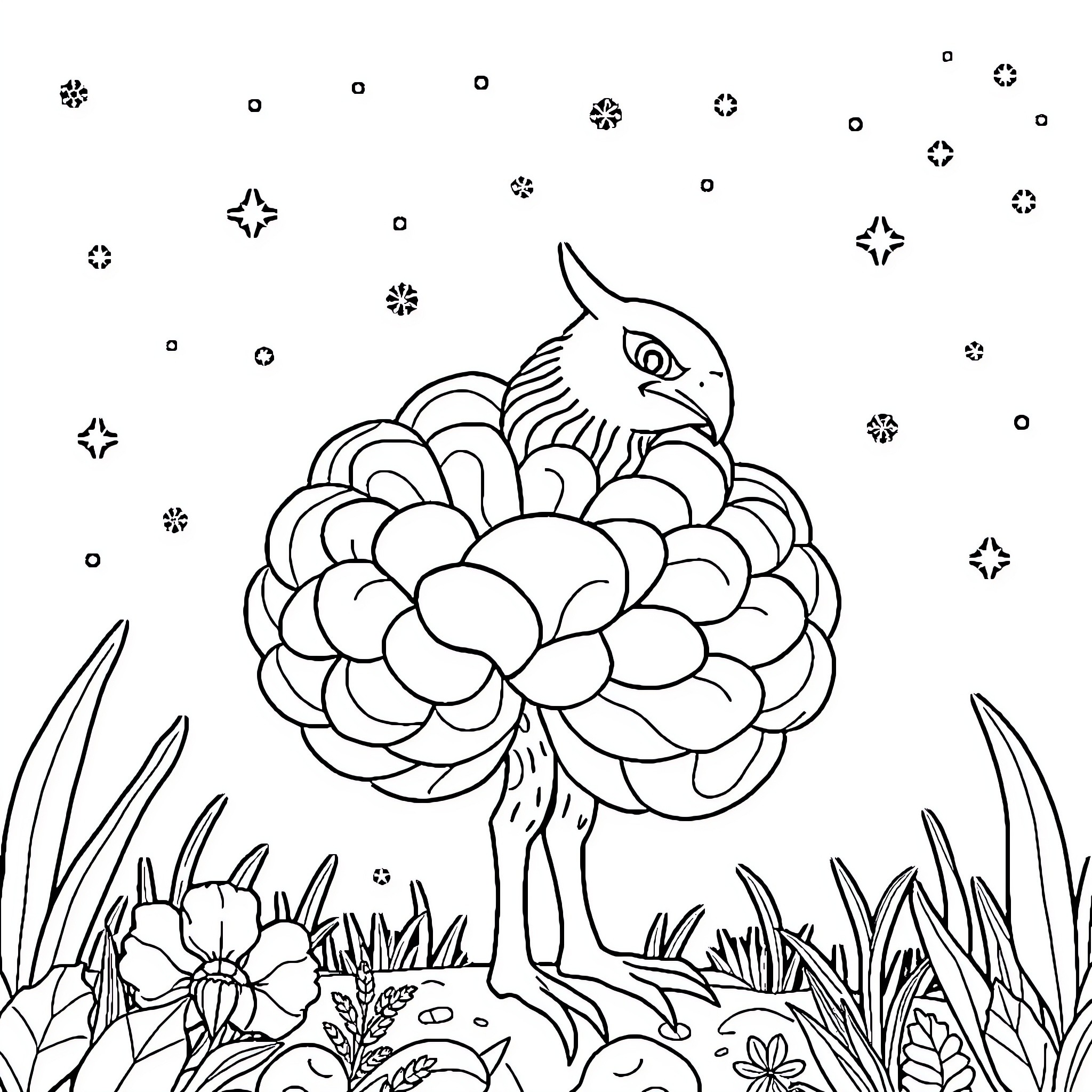 Memory Exercise: Detailed flower garden with whimsical bird Coloring Page (free black-and-white line drawing printable PDF for all, from beginners to advanced learners, including children, teens, adults, and seniors)