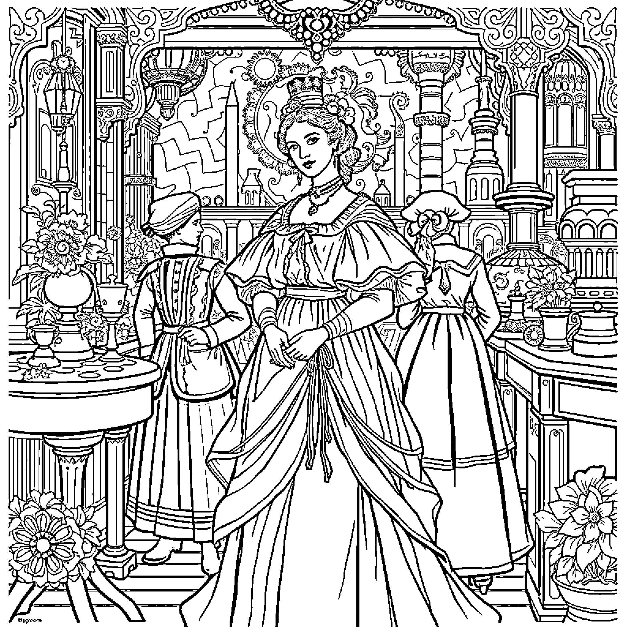 Victoria's Elegant Ballroom Attire Coloring Page (free black-and-white line drawing printable PDF for all, from beginners to advanced learners, including children, teens, adults, and seniors)