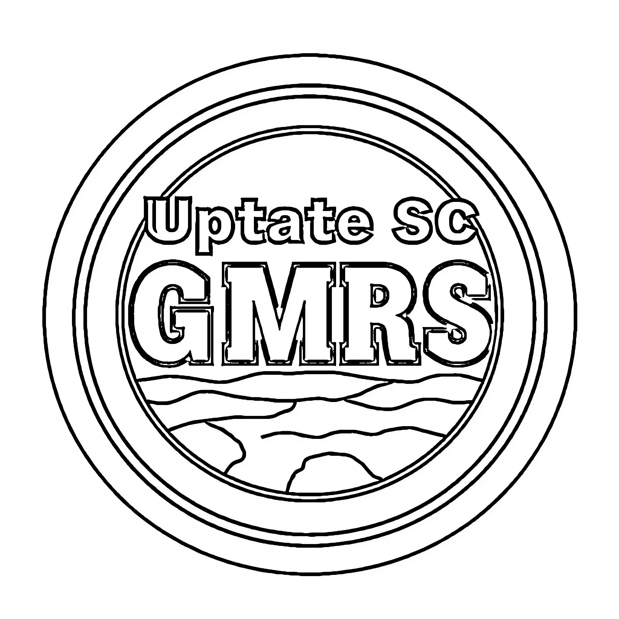 Circle with Upstate Sc GMRS text and landscape Coloring Page (free black-and-white line drawing printable PDF for all, from beginners to advanced learners, including children, teens, adults, and seniors)