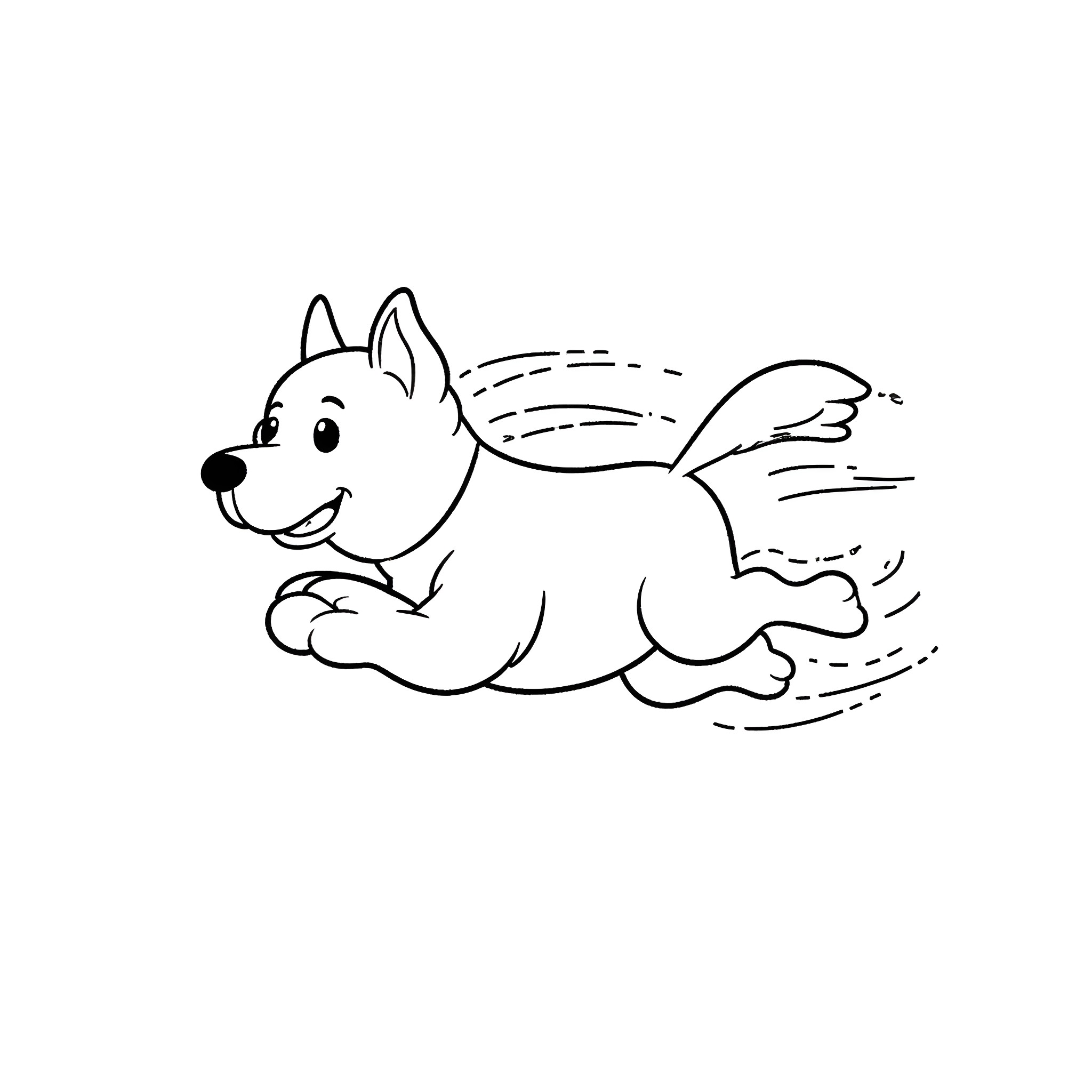 Dog running playfully in the wind Coloring Page (free black-and-white line drawing printable PDF for all, from beginners to advanced learners, including children, teens, adults, and seniors)