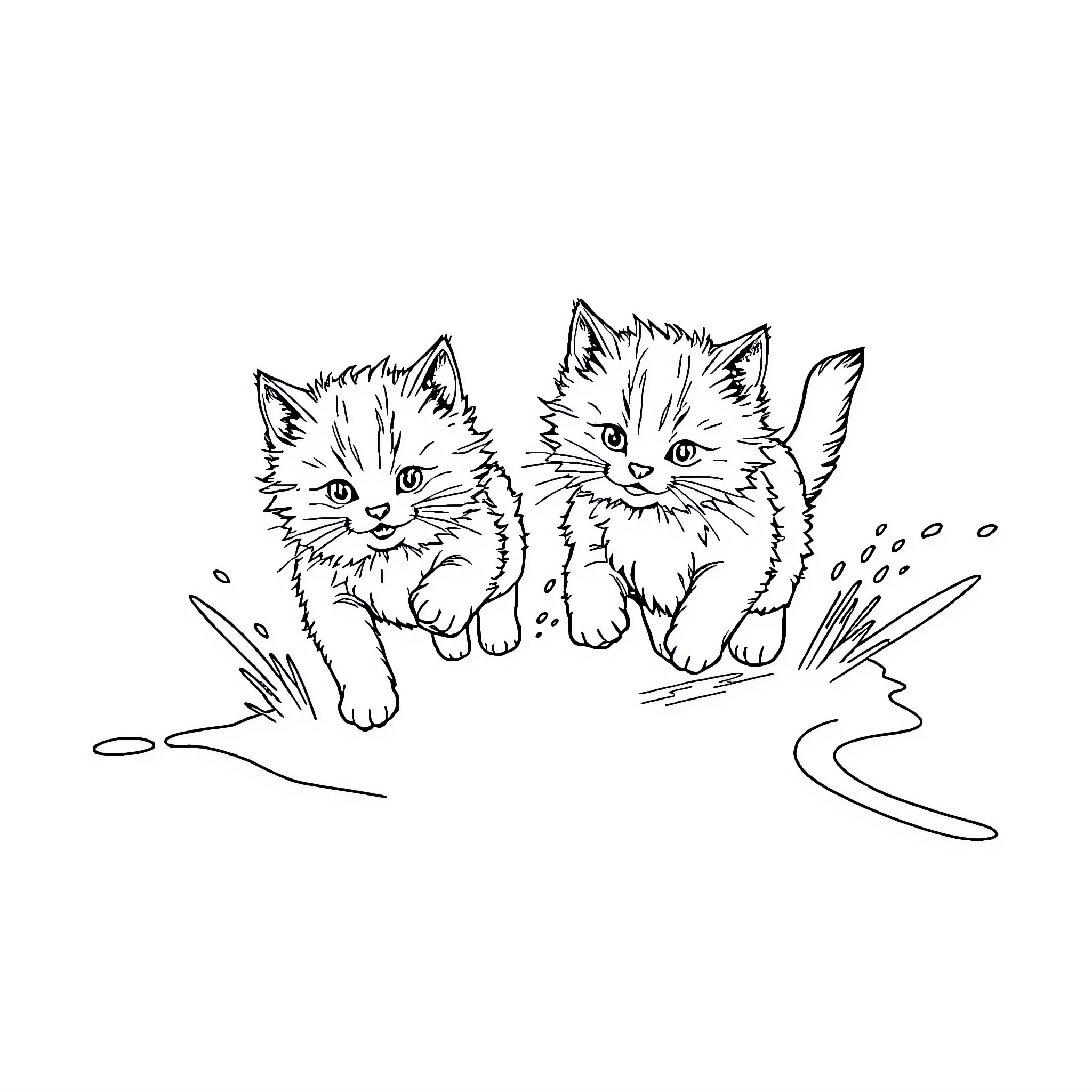 Kittens playing joyfully in nature Coloring Page (free black-and-white line drawing printable PDF for all, from beginners to advanced learners, including children, teens, adults, and seniors)