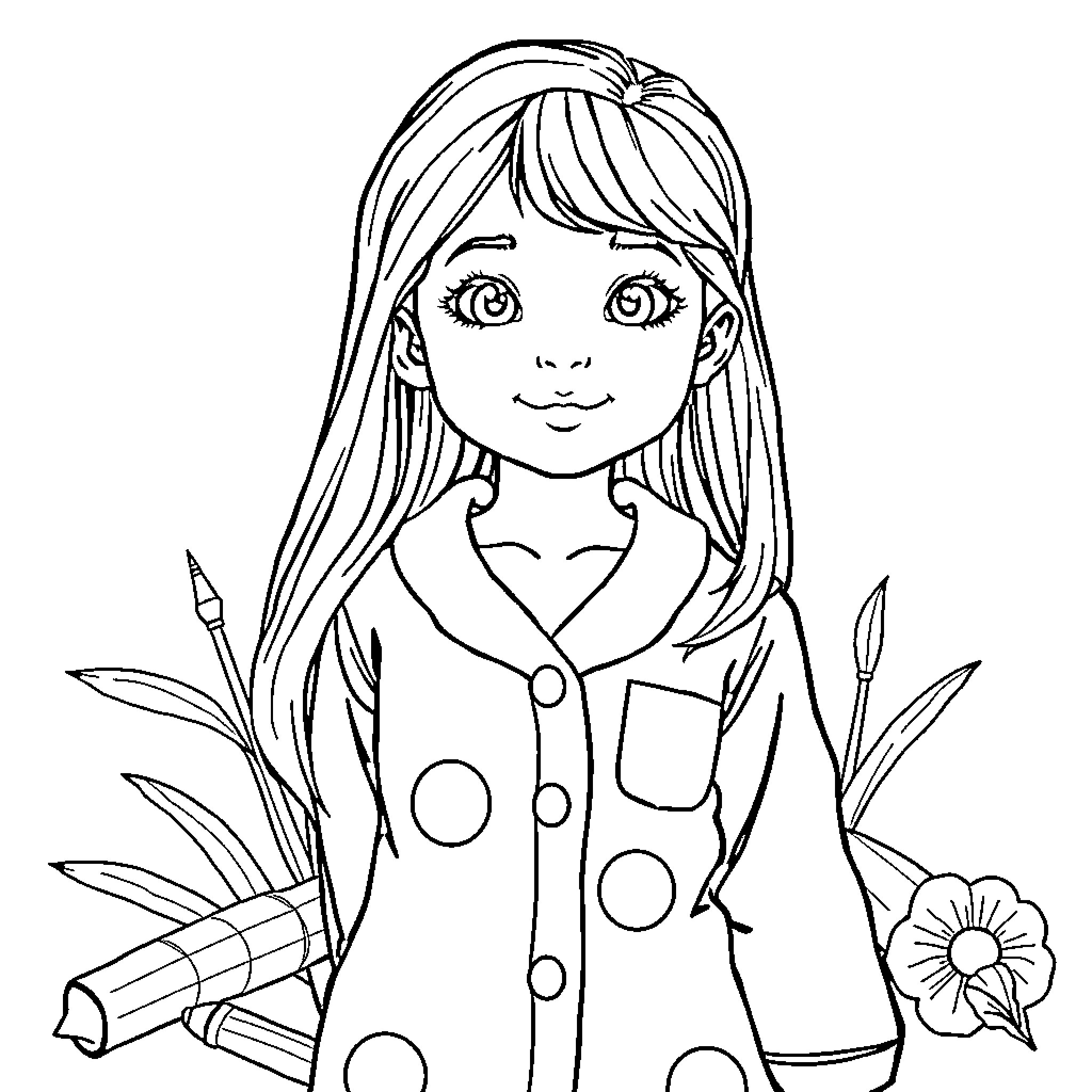 Nina enjoying nature with a flower Coloring Page (free black-and-white line drawing printable PDF for all, from beginners to advanced learners, including children, teens, adults, and seniors)