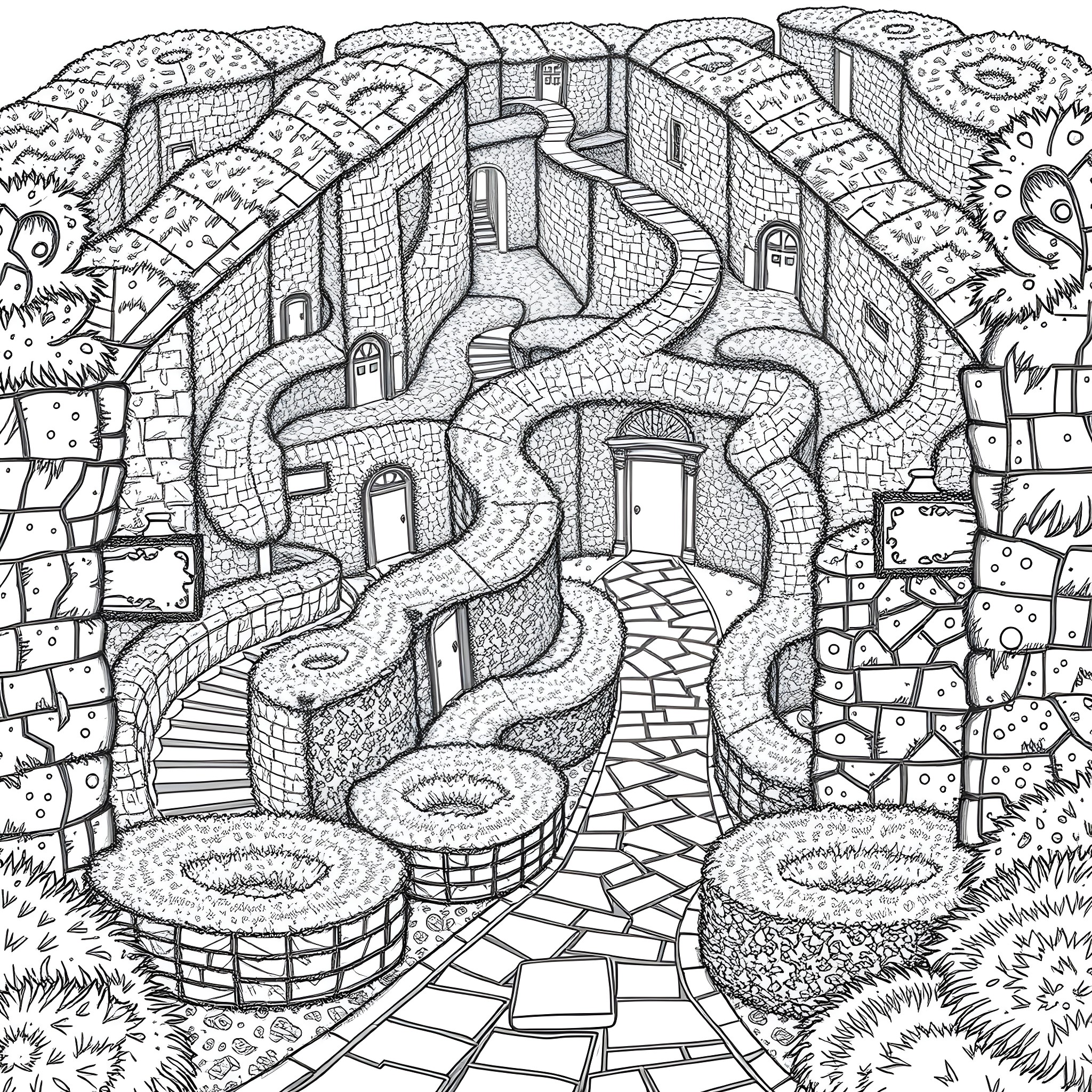 Maze of Intricate Paths and Architectural Wonders Coloring Page (free black-and-white line drawing printable PDF for all, from beginners to advanced learners, including children, teens, adults, and seniors)