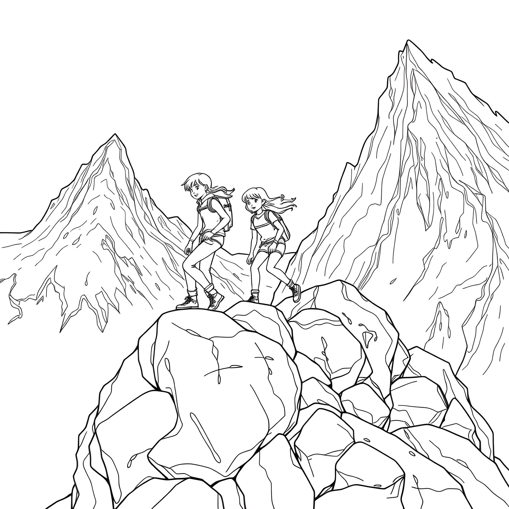 Family hiking in the mountainous terrain Coloring Page (free black-and-white line drawing printable PDF for all, from beginners to advanced learners, including children, teens, adults, and seniors)