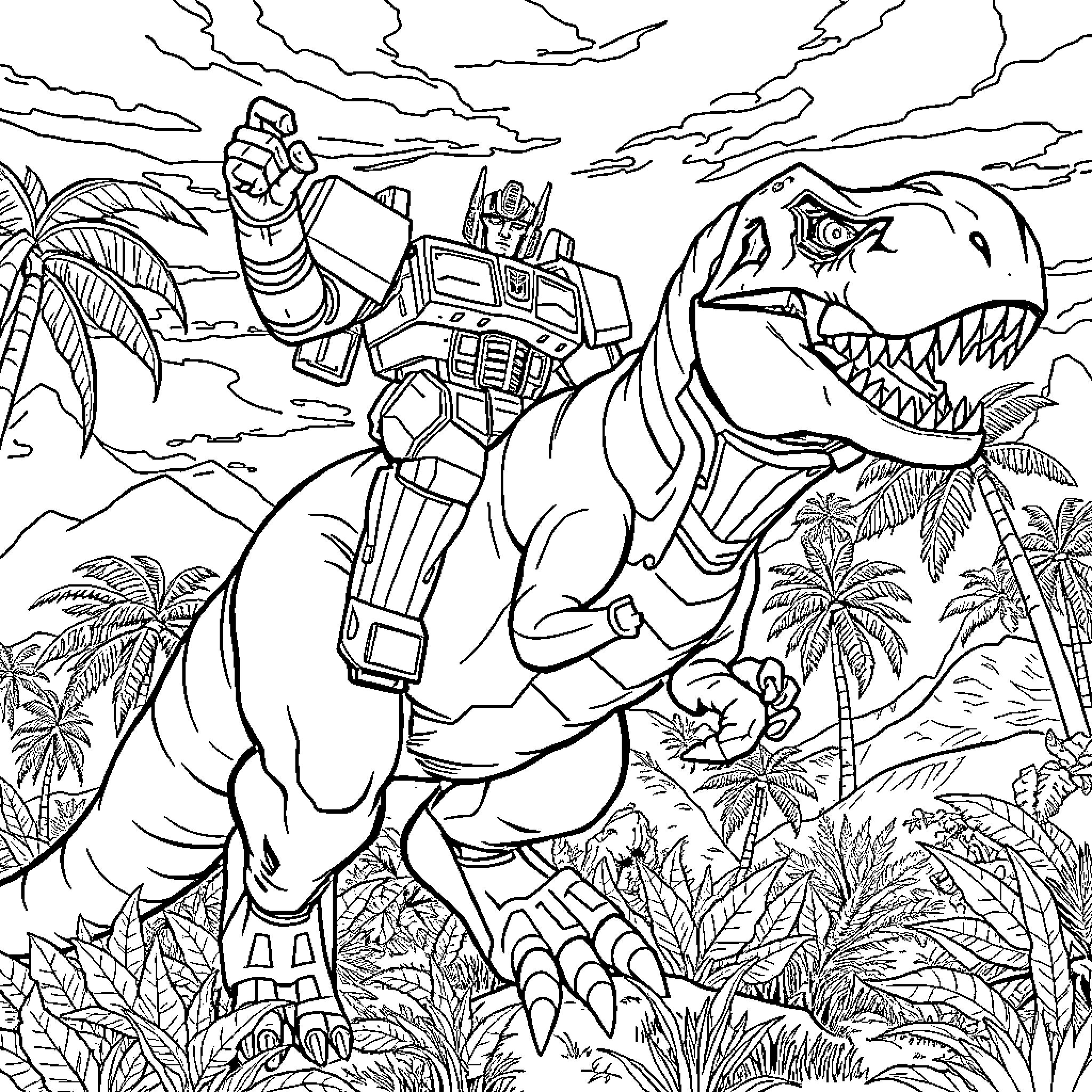 Optimus Prime Battles Fearsome Dinosaur Creature Coloring Page (free black-and-white line drawing printable PDF for all, from beginners to advanced learners, including children, teens, adults, and seniors)
