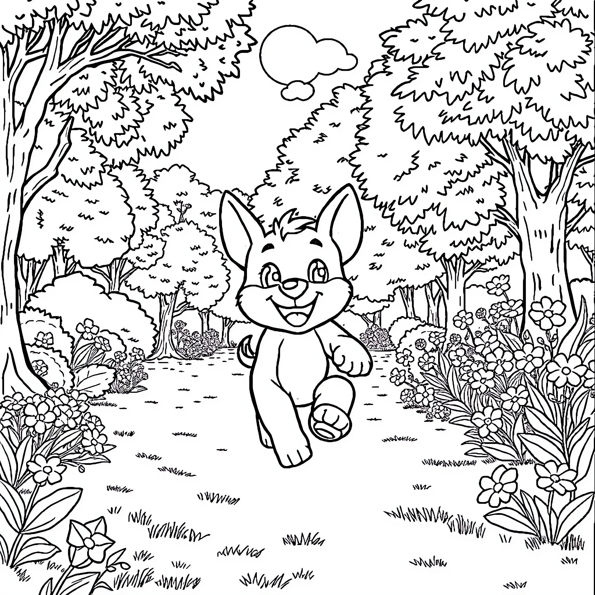 Labubu's Playful Adventure in the Enchanting Forest Coloring Page (free black-and-white line drawing printable PDF for all, from beginners to advanced learners, including children, teens, adults, and seniors)