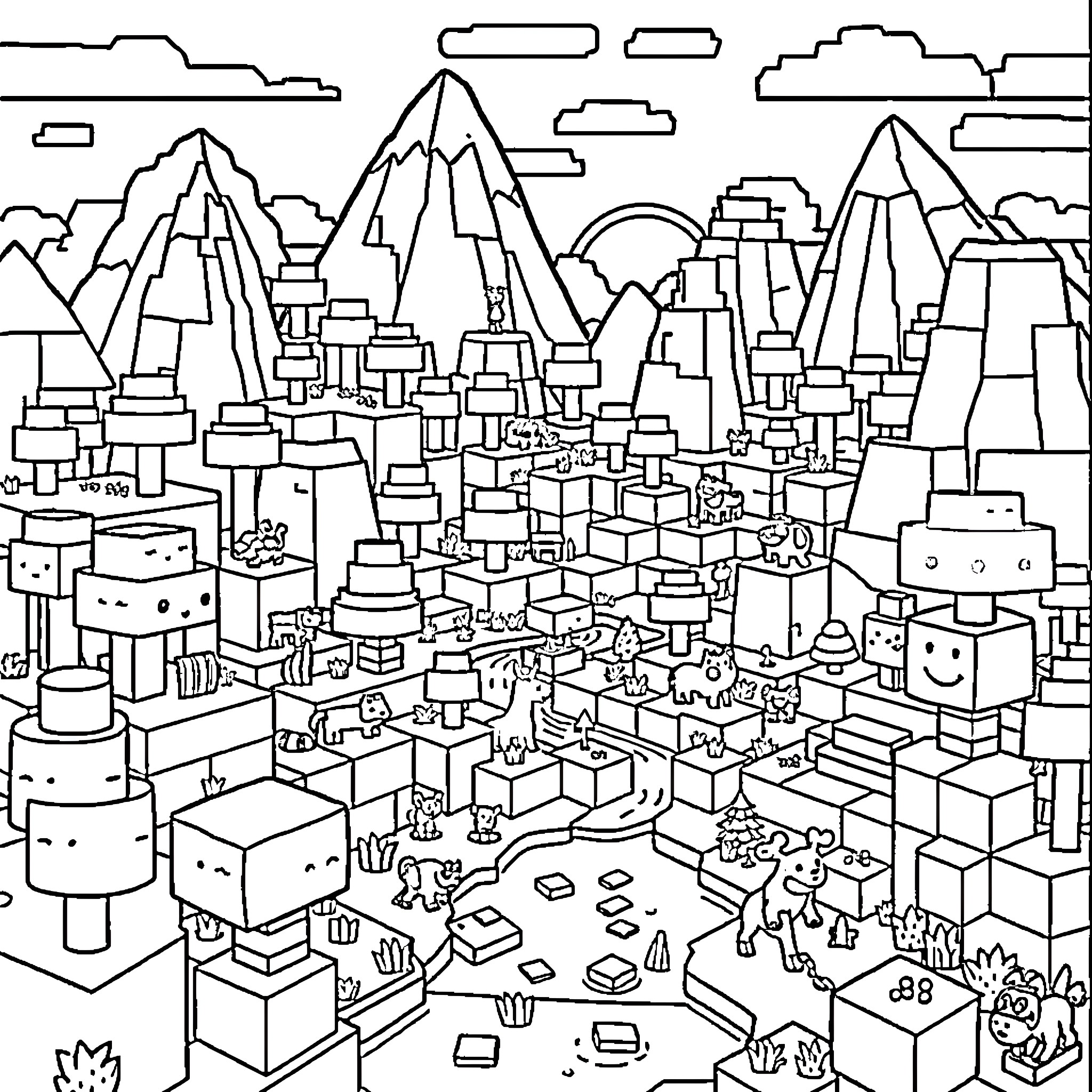 Minecraft city with mountainous landscape Coloring Page (free black-and-white line drawing printable PDF for all, from beginners to advanced learners, including children, teens, adults, and seniors)
