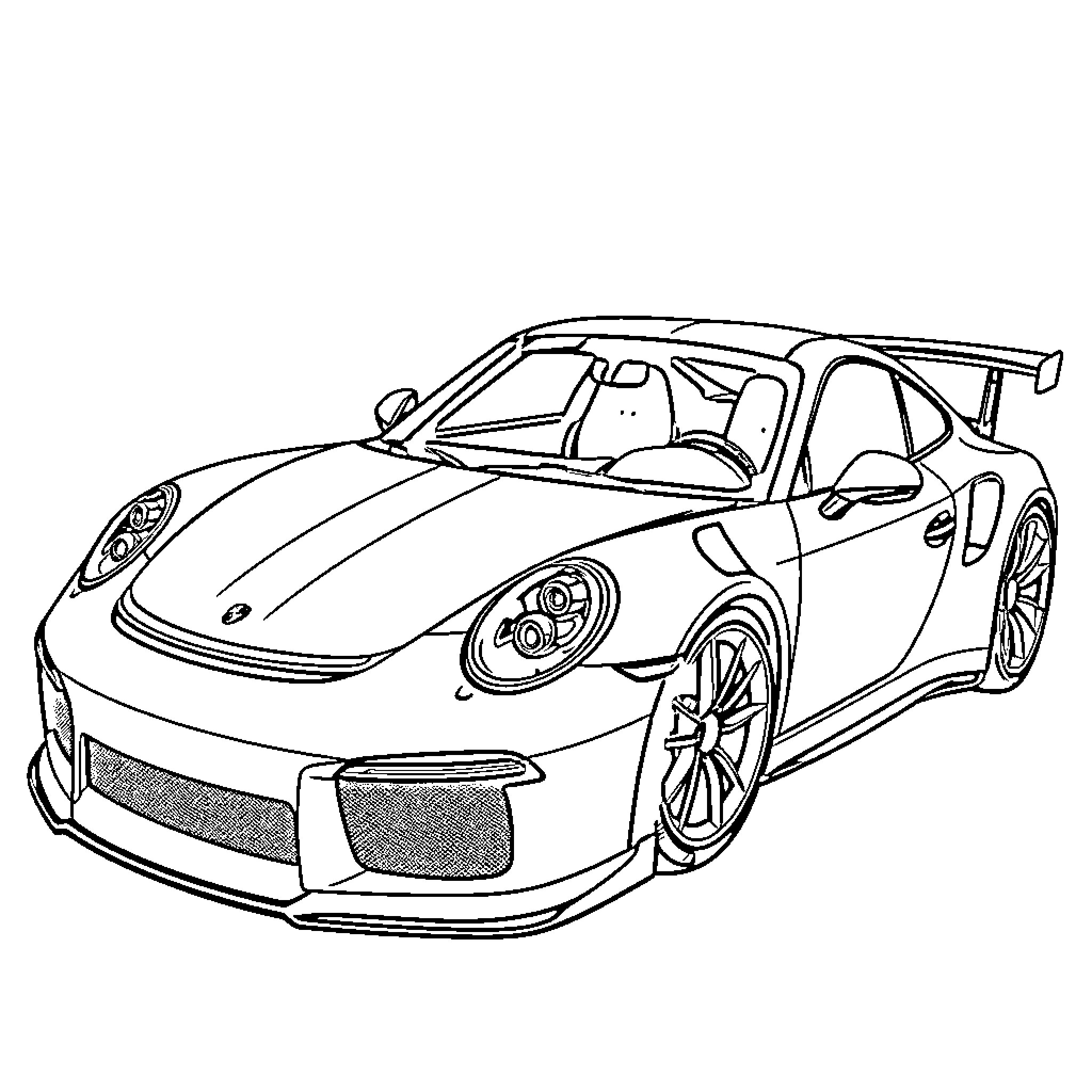 Porsche sports car in dynamic racing pose Coloring Page (free black-and-white line drawing printable PDF for all, from beginners to advanced learners, including children, teens, adults, and seniors)