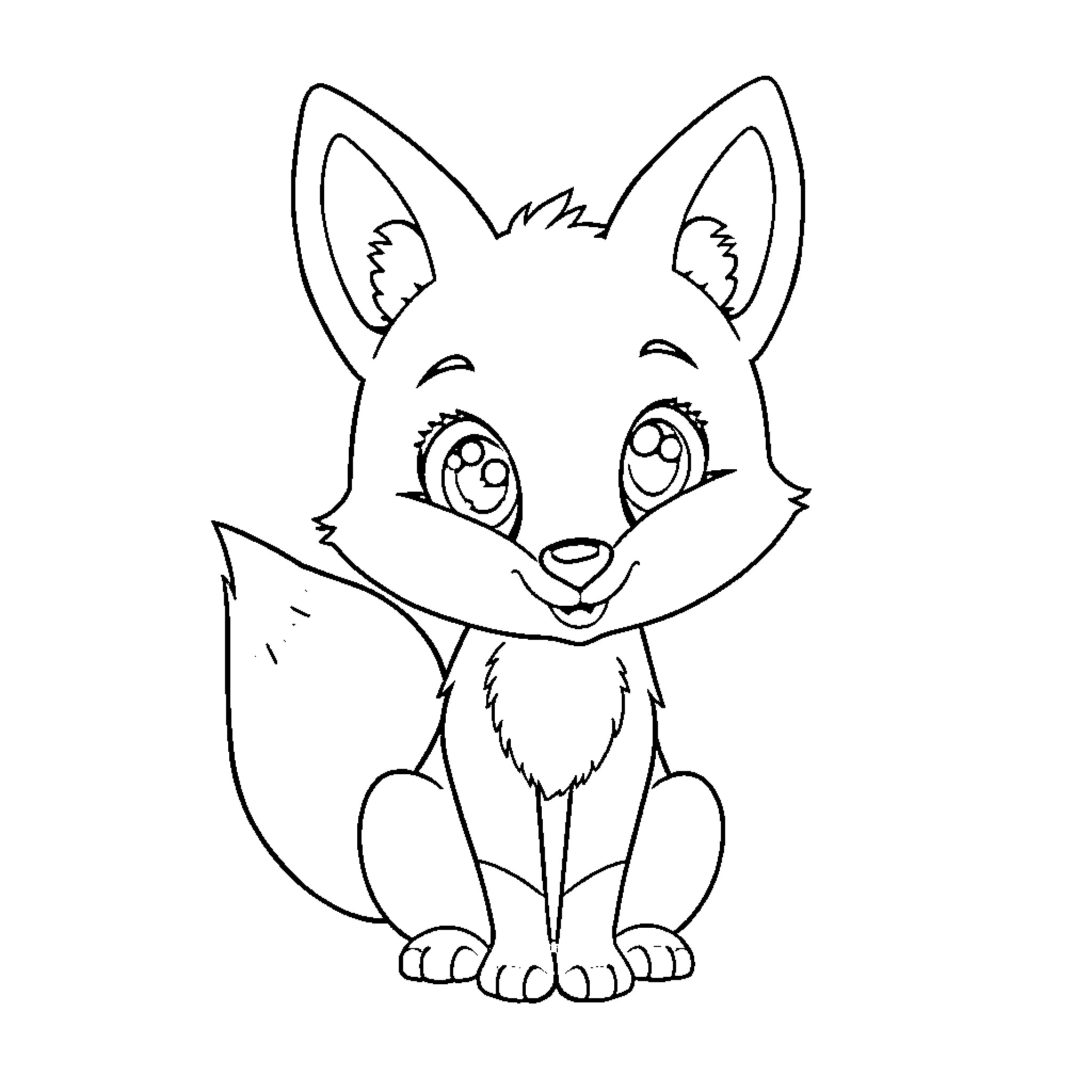 Fox sitting happily with big eyes Coloring Page (free black-and-white line drawing printable PDF for all, from beginners to advanced learners, including children, teens, adults, and seniors)