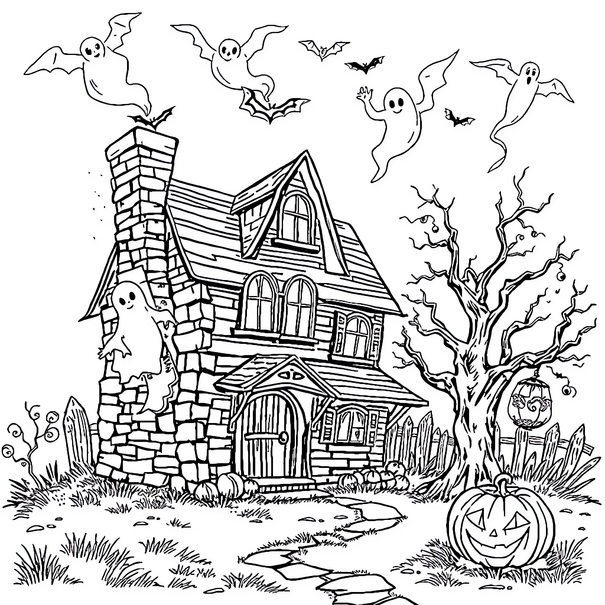 Haunted House with Spooky Ghosts and Bats Coloring Page (free black-and-white line drawing printable PDF for all, from beginners to advanced learners, including children, teens, adults, and seniors)