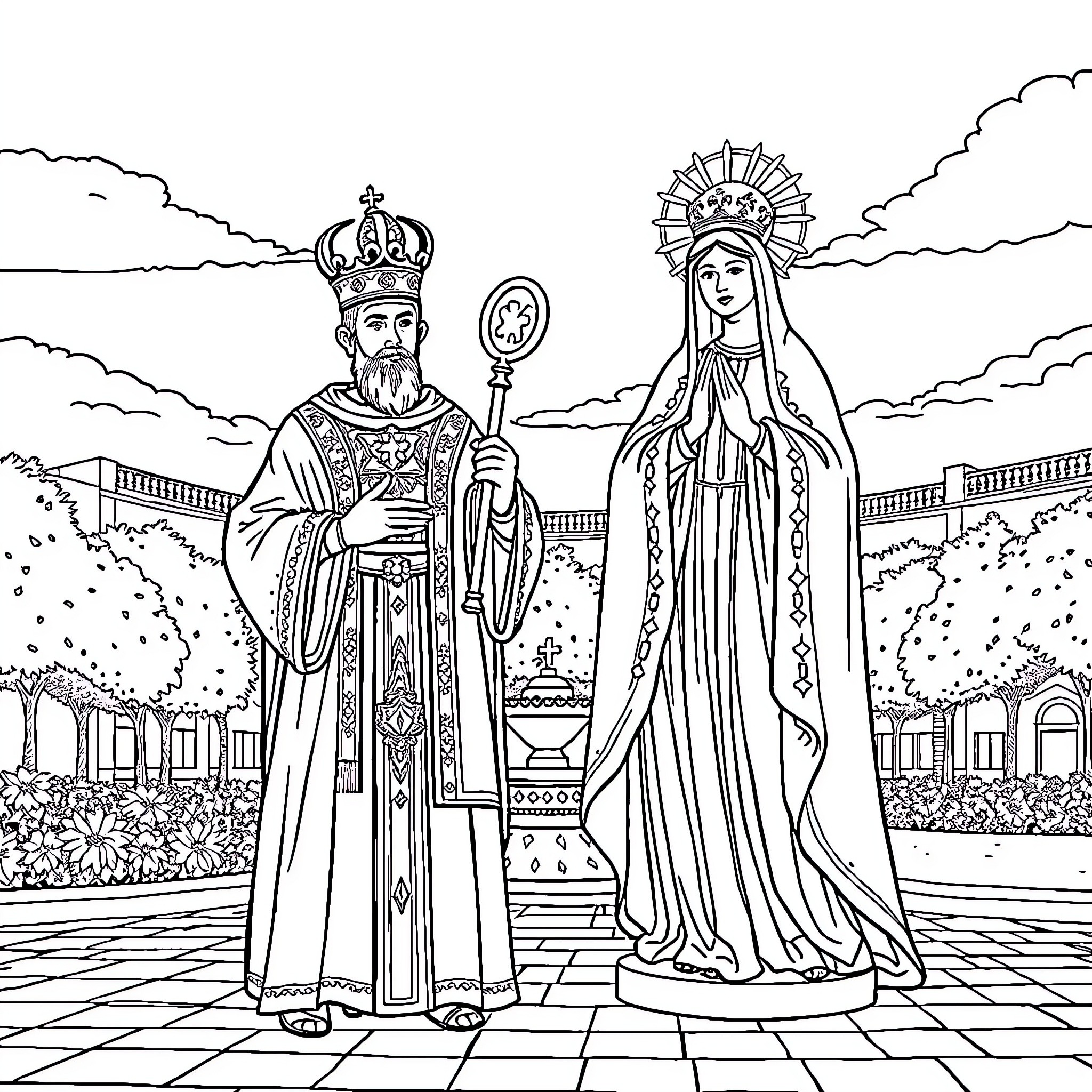 San Agustín religious figures in ceremonial attire Coloring Page (free black-and-white line drawing printable PDF for all, from beginners to advanced learners, including children, teens, adults, and seniors)