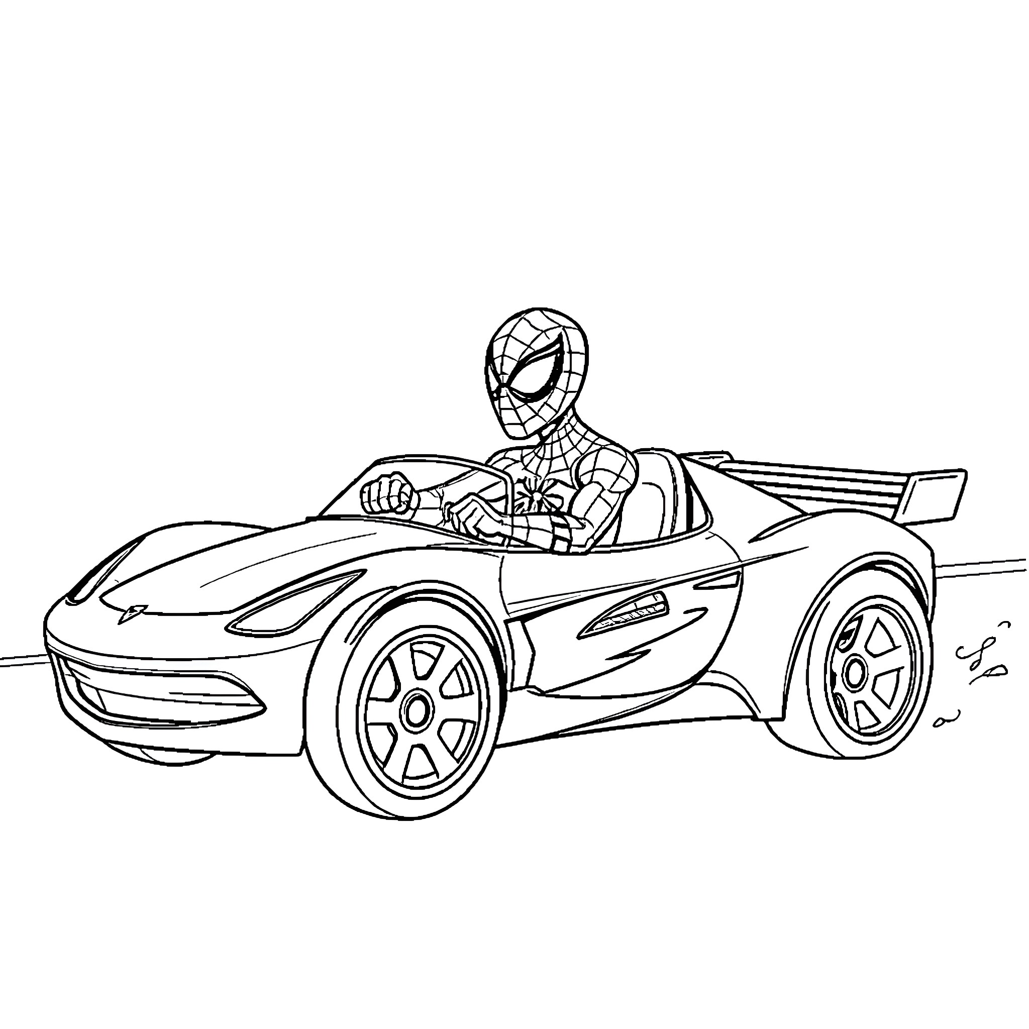 Spiderman driving a sports car Coloring Page (free black-and-white line drawing printable PDF for all, from beginners to advanced learners, including children, teens, adults, and seniors)